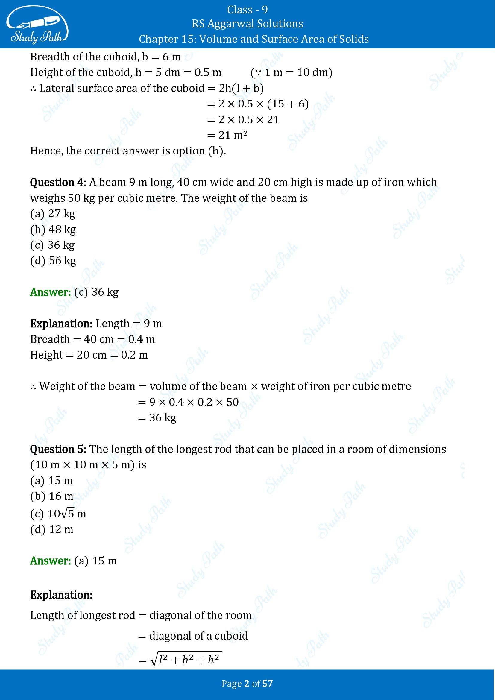 RS Aggarwal Solutions Class 9 Chapter 15 Volume and Surface Area of Solids Multiple Choice Questions MCQs 00002