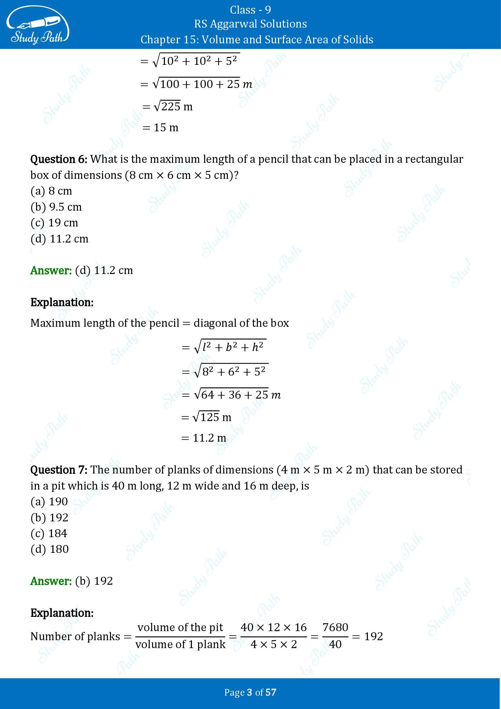 RS Aggarwal Solutions Class 9 Chapter 15 Volume and Surface Area of Solids Multiple Choice Questions MCQs 00003