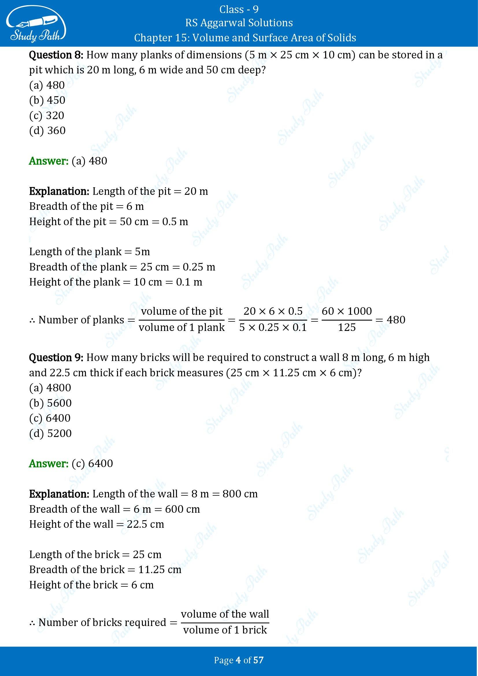 RS Aggarwal Solutions Class 9 Chapter 15 Volume and Surface Area of Solids Multiple Choice Questions MCQs 00004