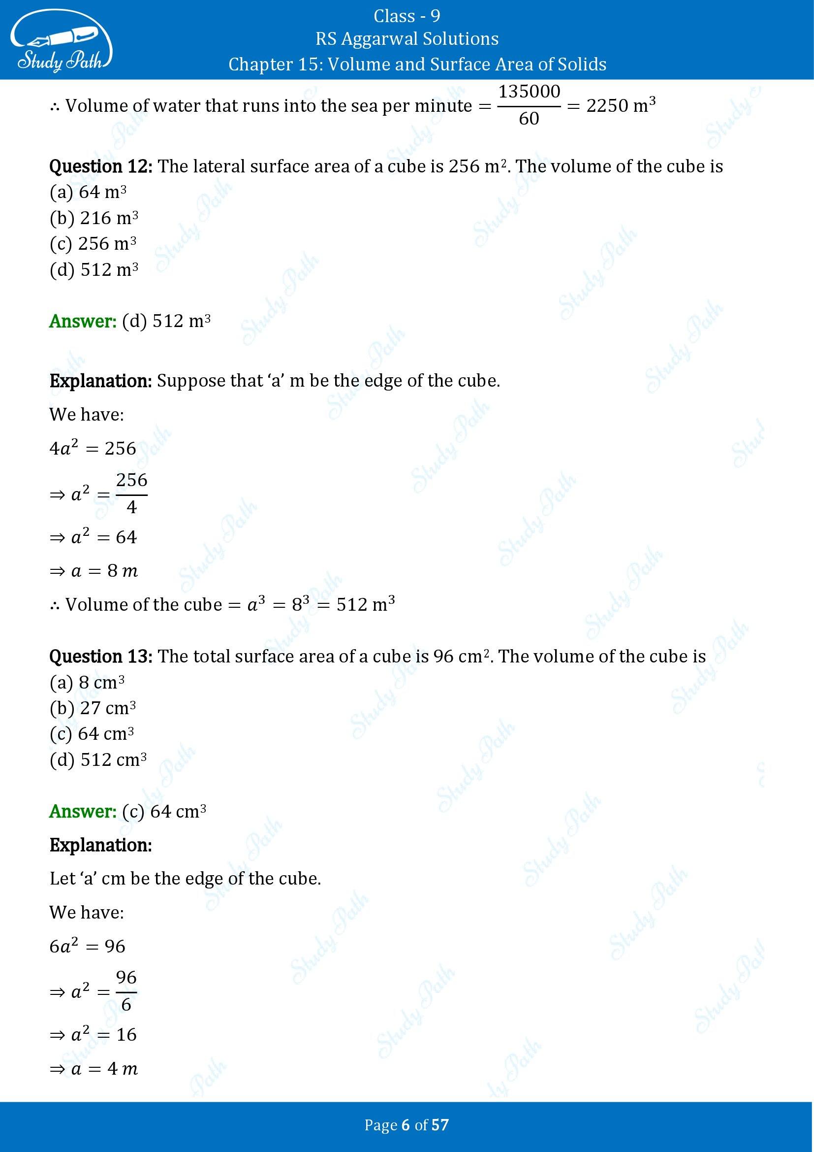 RS Aggarwal Solutions Class 9 Chapter 15 Volume and Surface Area of Solids Multiple Choice Questions MCQs 00006