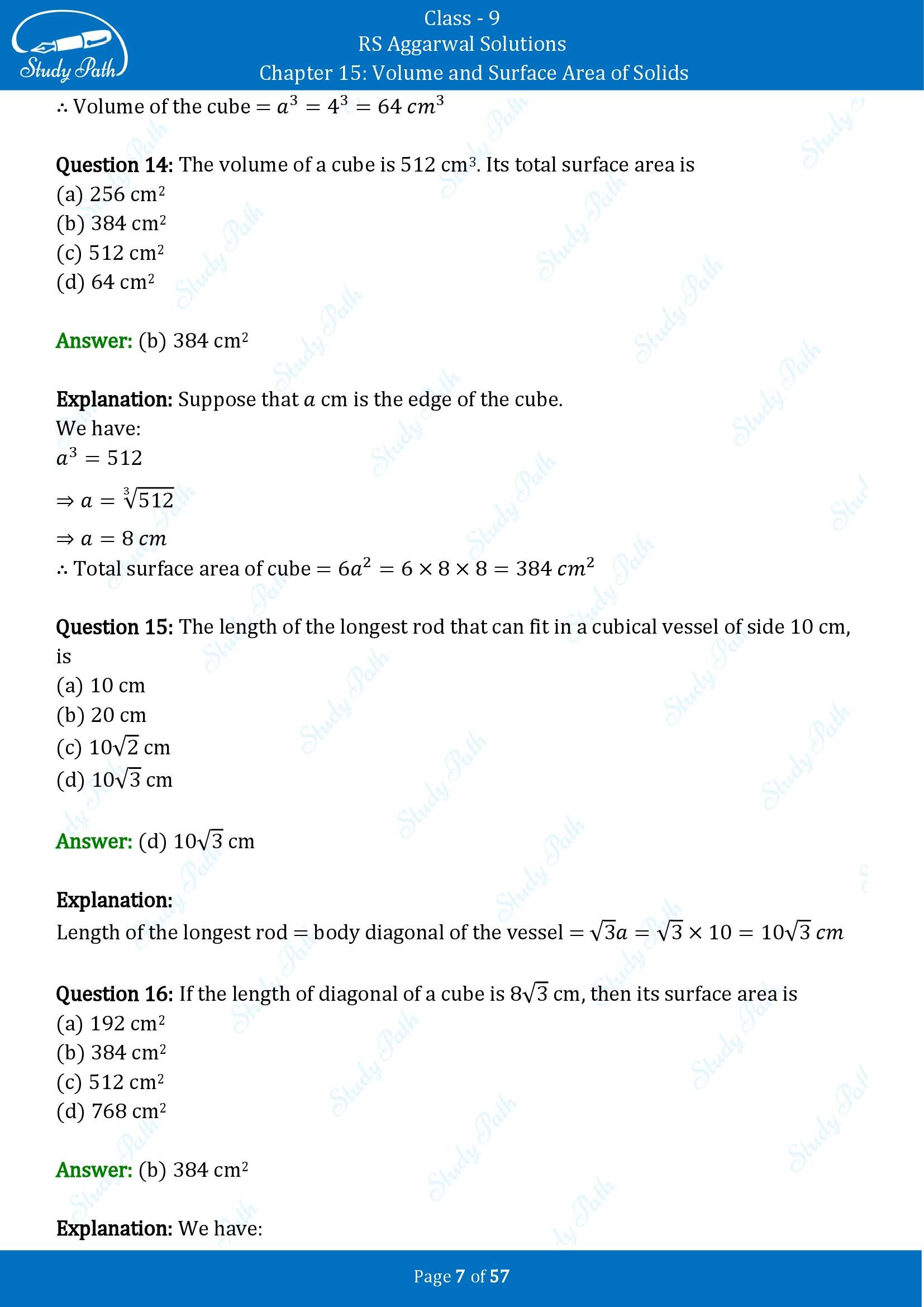RS Aggarwal Solutions Class 9 Chapter 15 Volume and Surface Area of Solids Multiple Choice Questions MCQs 00007