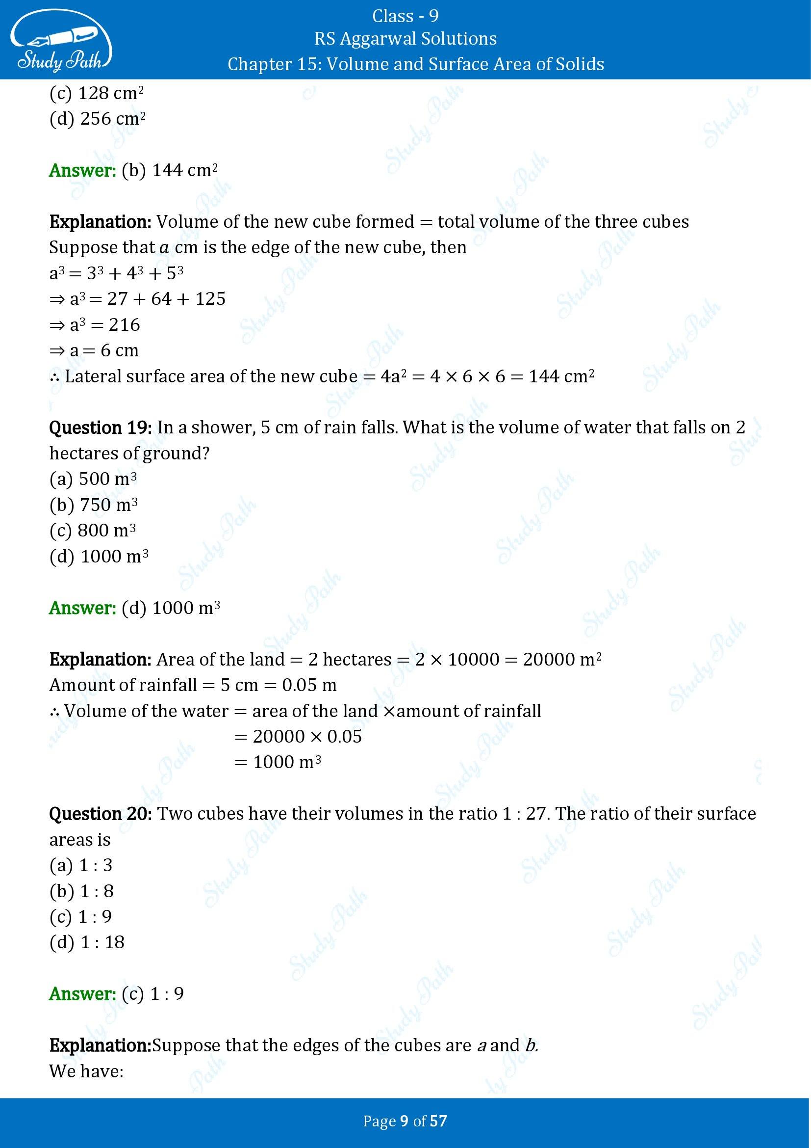 RS Aggarwal Solutions Class 9 Chapter 15 Volume and Surface Area of Solids Multiple Choice Questions MCQs 00009