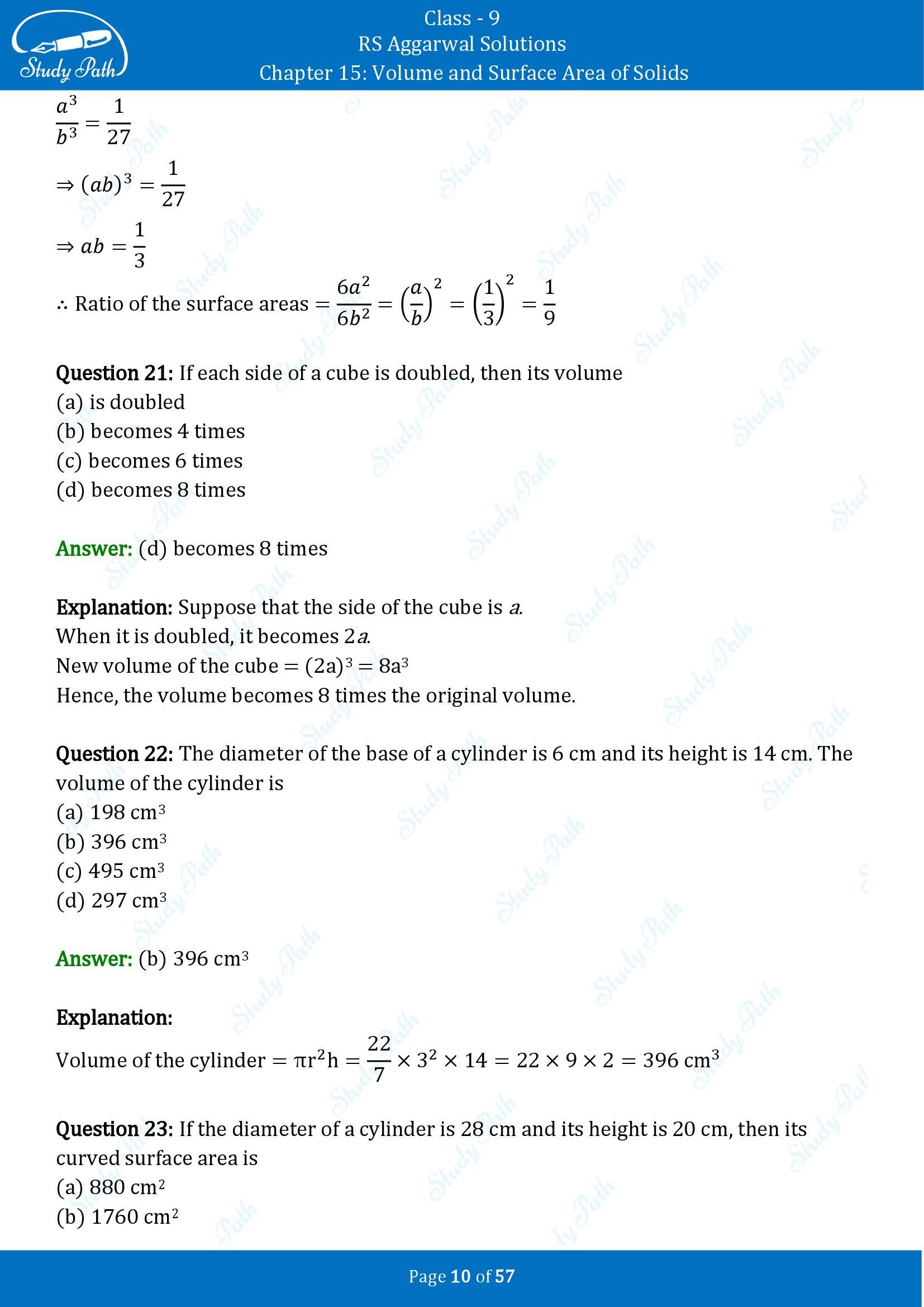 RS Aggarwal Solutions Class 9 Chapter 15 Volume and Surface Area of Solids Multiple Choice Questions MCQs 00010