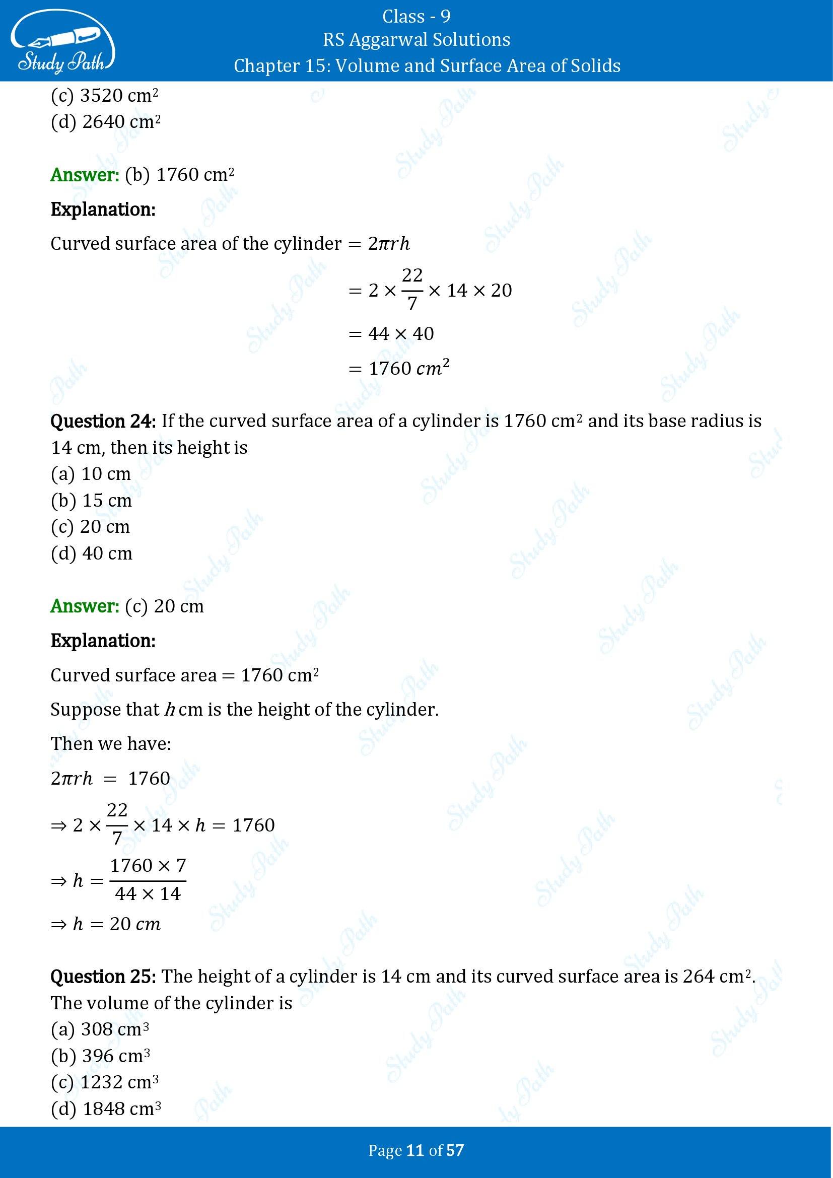 RS Aggarwal Solutions Class 9 Chapter 15 Volume and Surface Area of Solids Multiple Choice Questions MCQs 00011