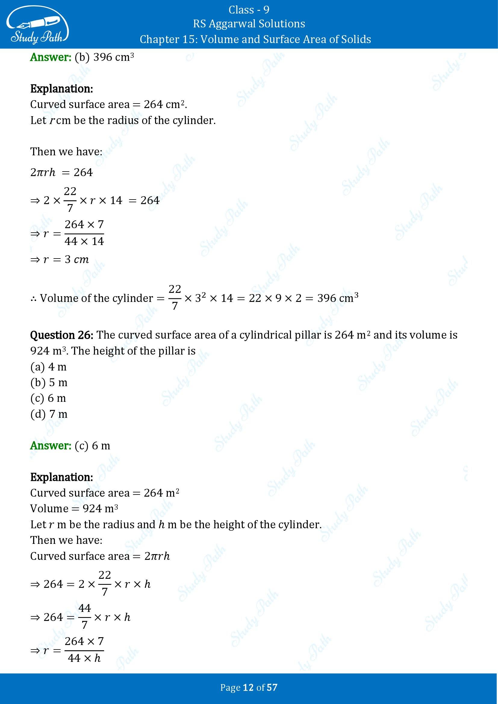 RS Aggarwal Solutions Class 9 Chapter 15 Volume and Surface Area of Solids Multiple Choice Questions MCQs 00012