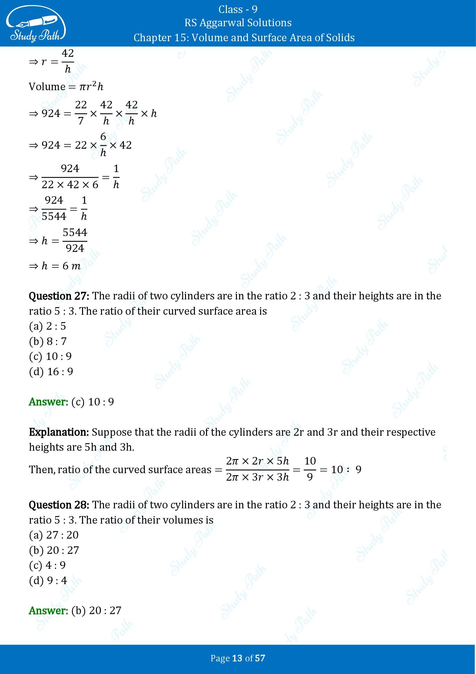 RS Aggarwal Solutions Class 9 Chapter 15 Volume and Surface Area of Solids Multiple Choice Questions MCQs 00013
