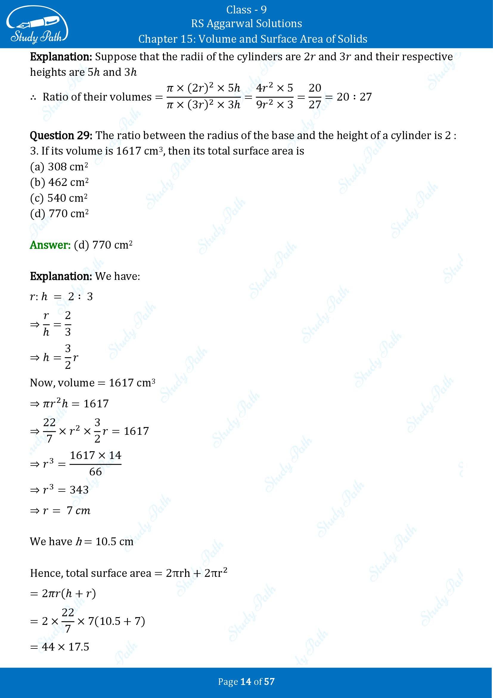 RS Aggarwal Solutions Class 9 Chapter 15 Volume and Surface Area of Solids Multiple Choice Questions MCQs 00014