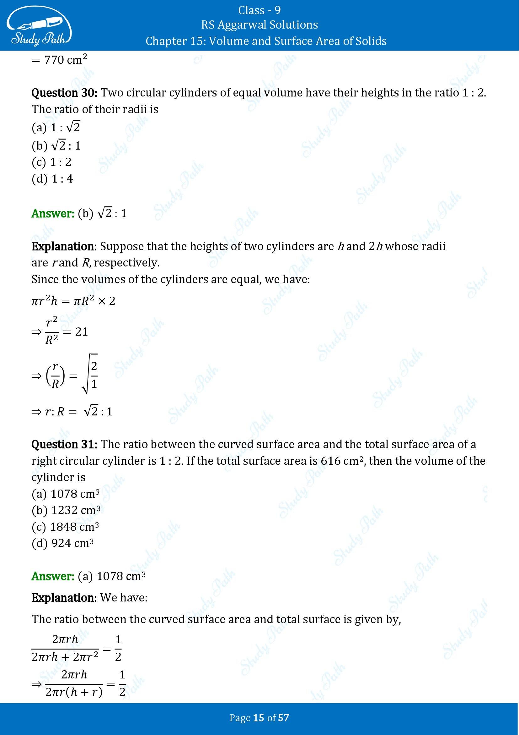 RS Aggarwal Solutions Class 9 Chapter 15 Volume and Surface Area of Solids Multiple Choice Questions MCQs 00015