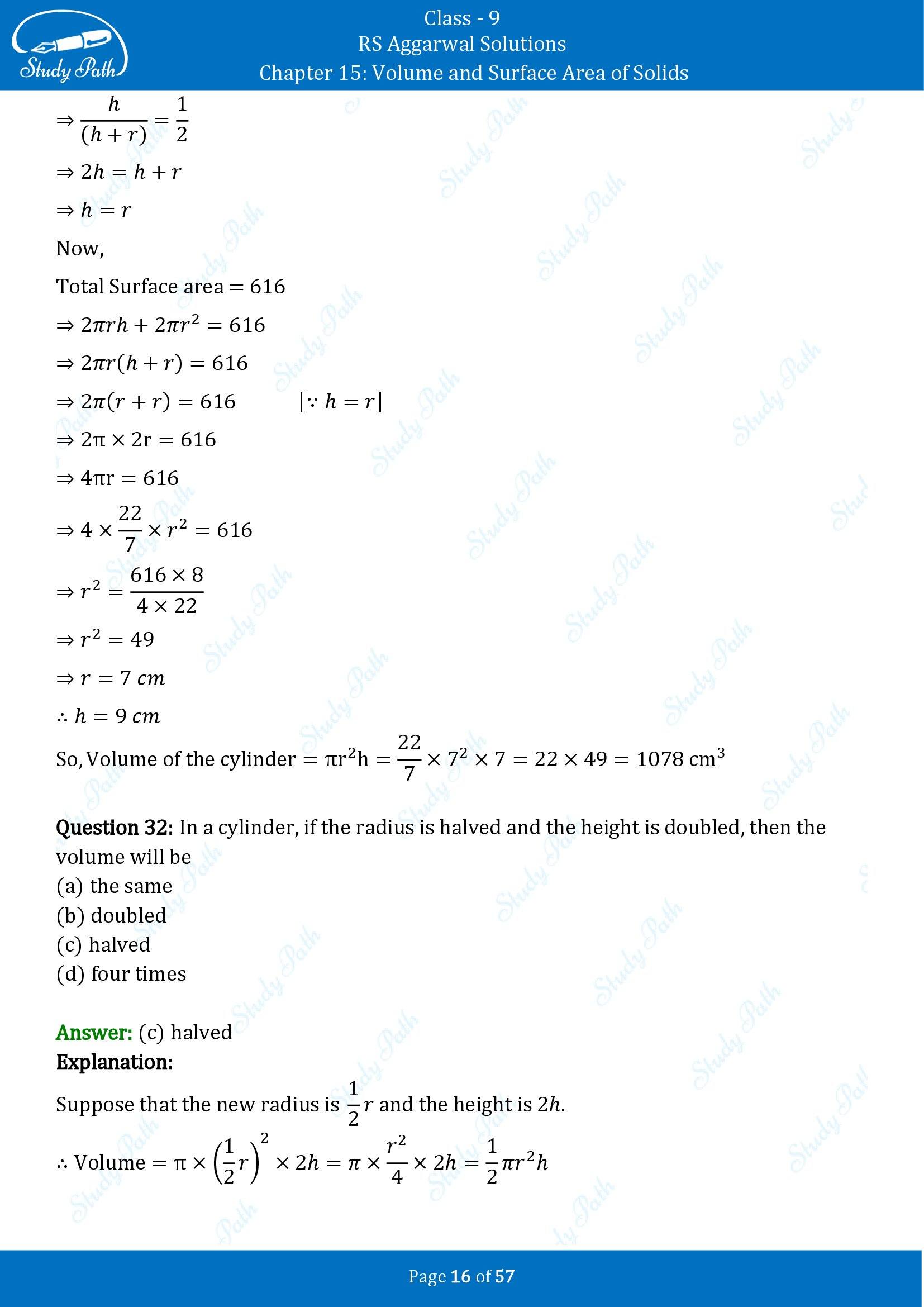 RS Aggarwal Solutions Class 9 Chapter 15 Volume and Surface Area of Solids Multiple Choice Questions MCQs 00016