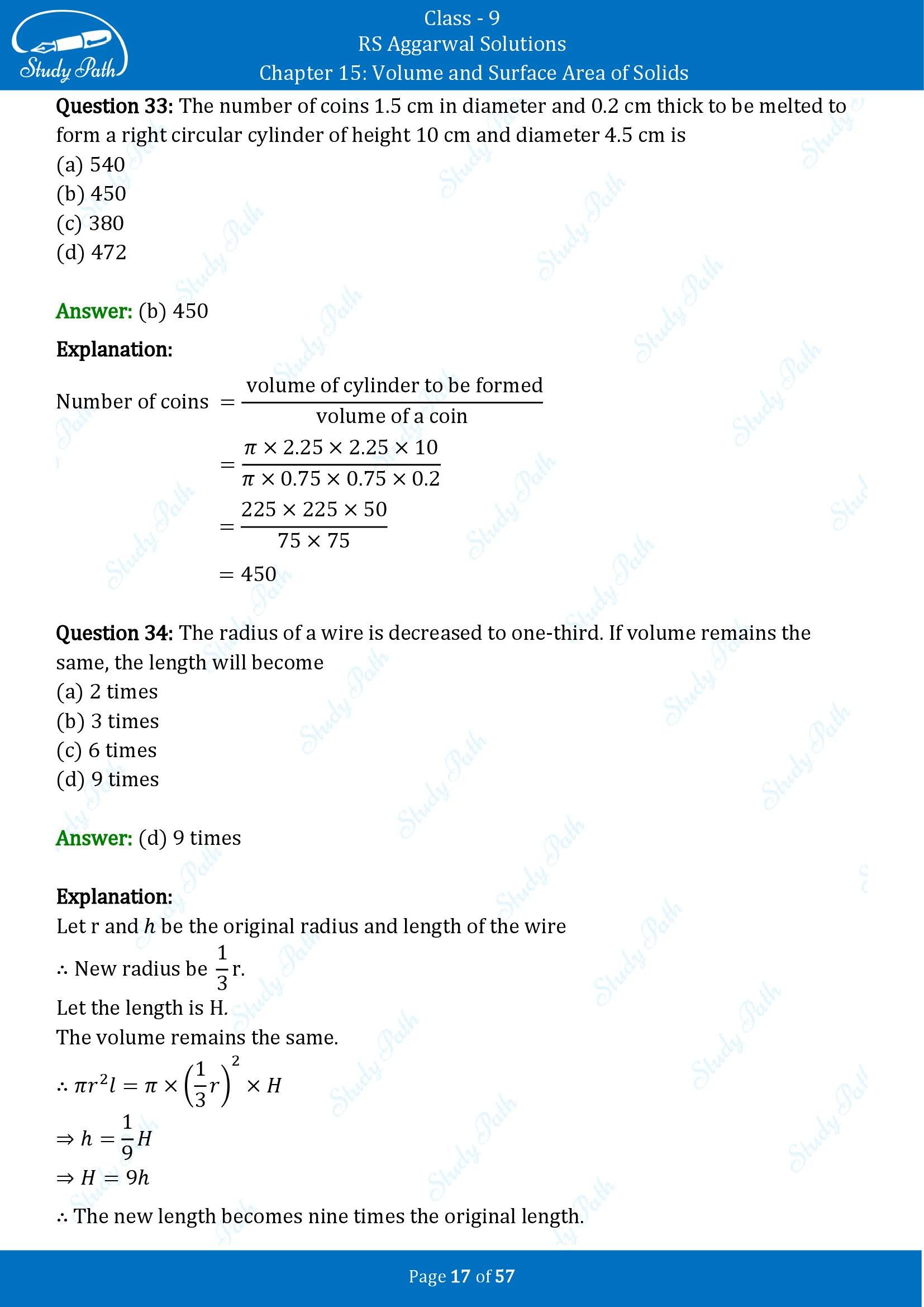 RS Aggarwal Solutions Class 9 Chapter 15 Volume and Surface Area of Solids Multiple Choice Questions MCQs 00017
