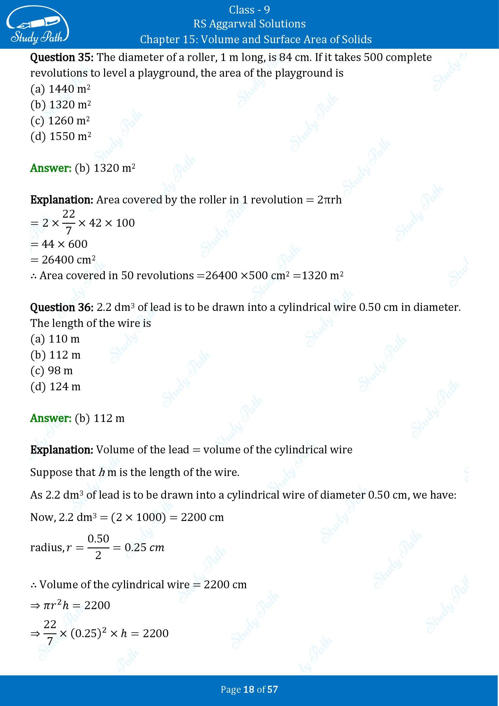 RS Aggarwal Solutions Class 9 Chapter 15 Volume and Surface Area of Solids Multiple Choice Questions MCQs 00018