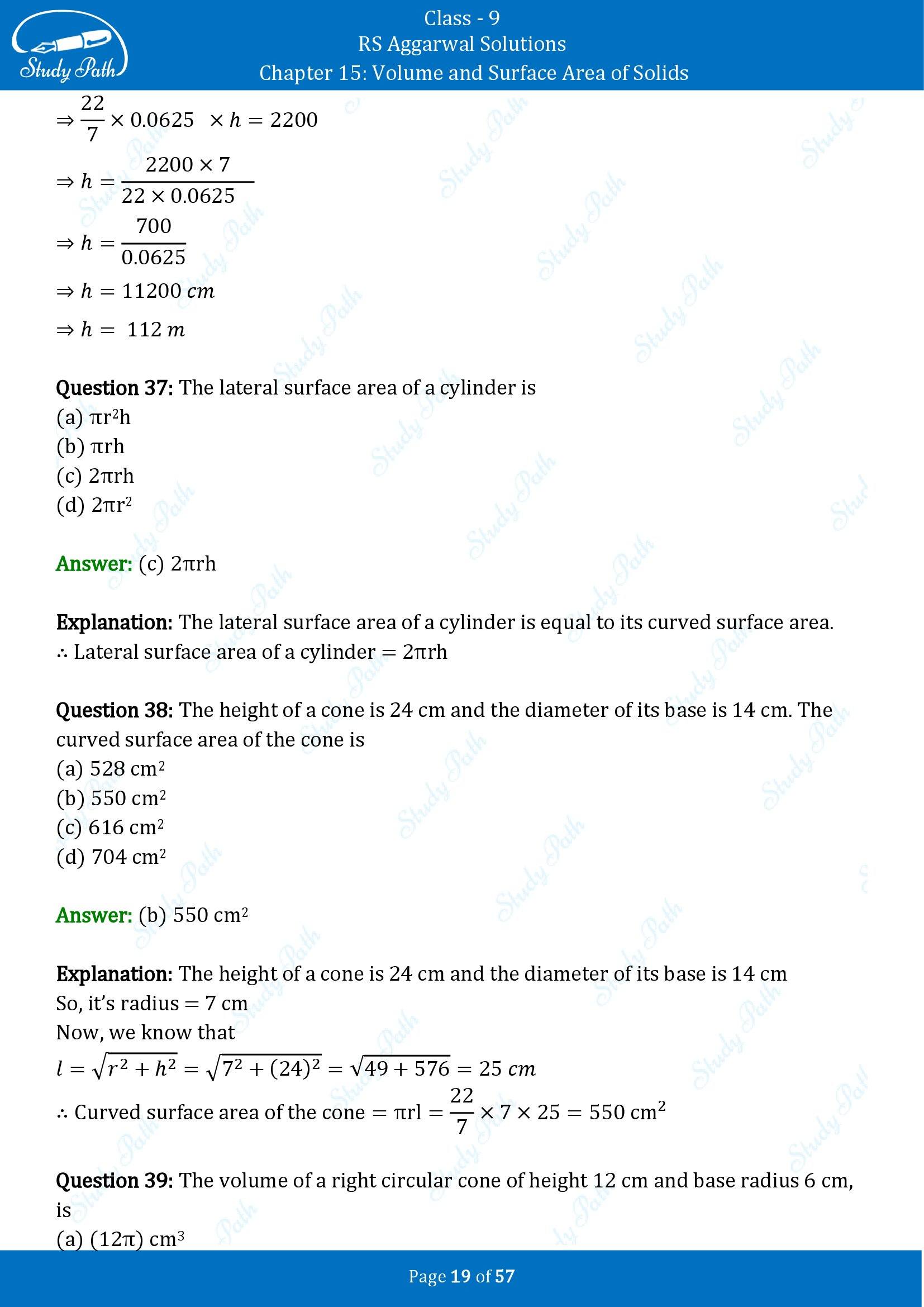 RS Aggarwal Solutions Class 9 Chapter 15 Volume and Surface Area of Solids Multiple Choice Questions MCQs 00019