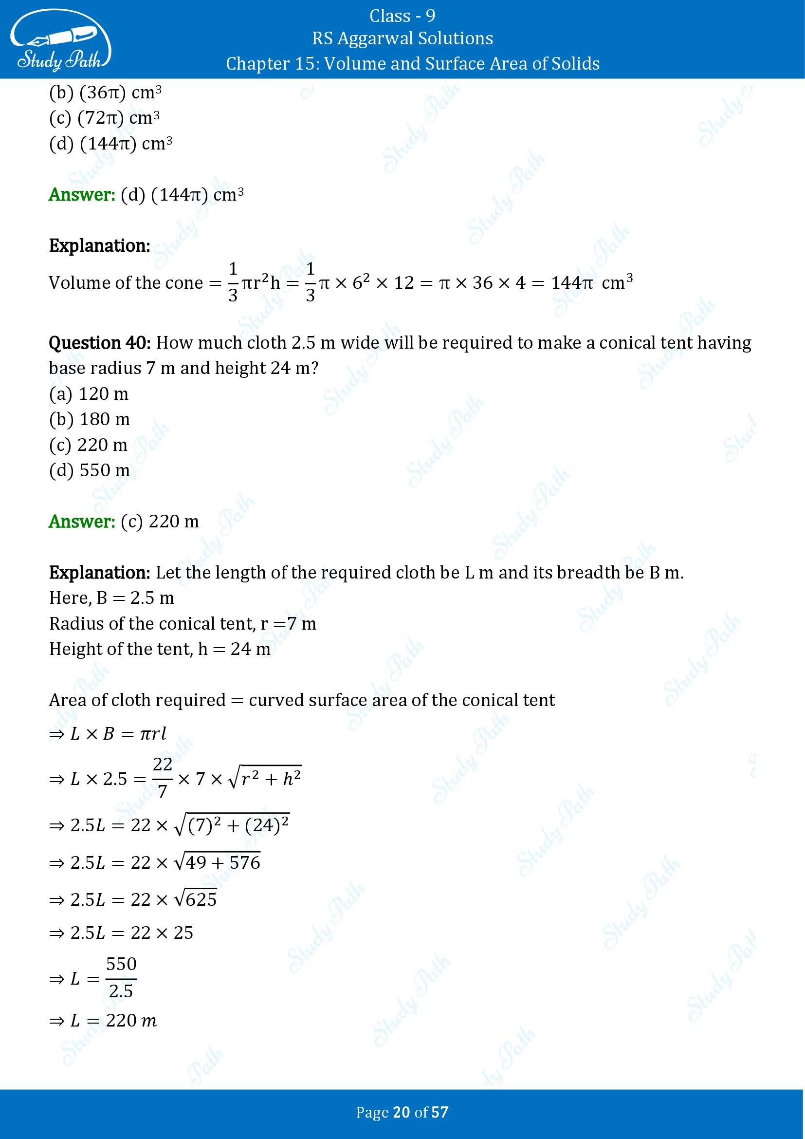 RS Aggarwal Solutions Class 9 Chapter 15 Volume and Surface Area of Solids Multiple Choice Questions MCQs 00020
