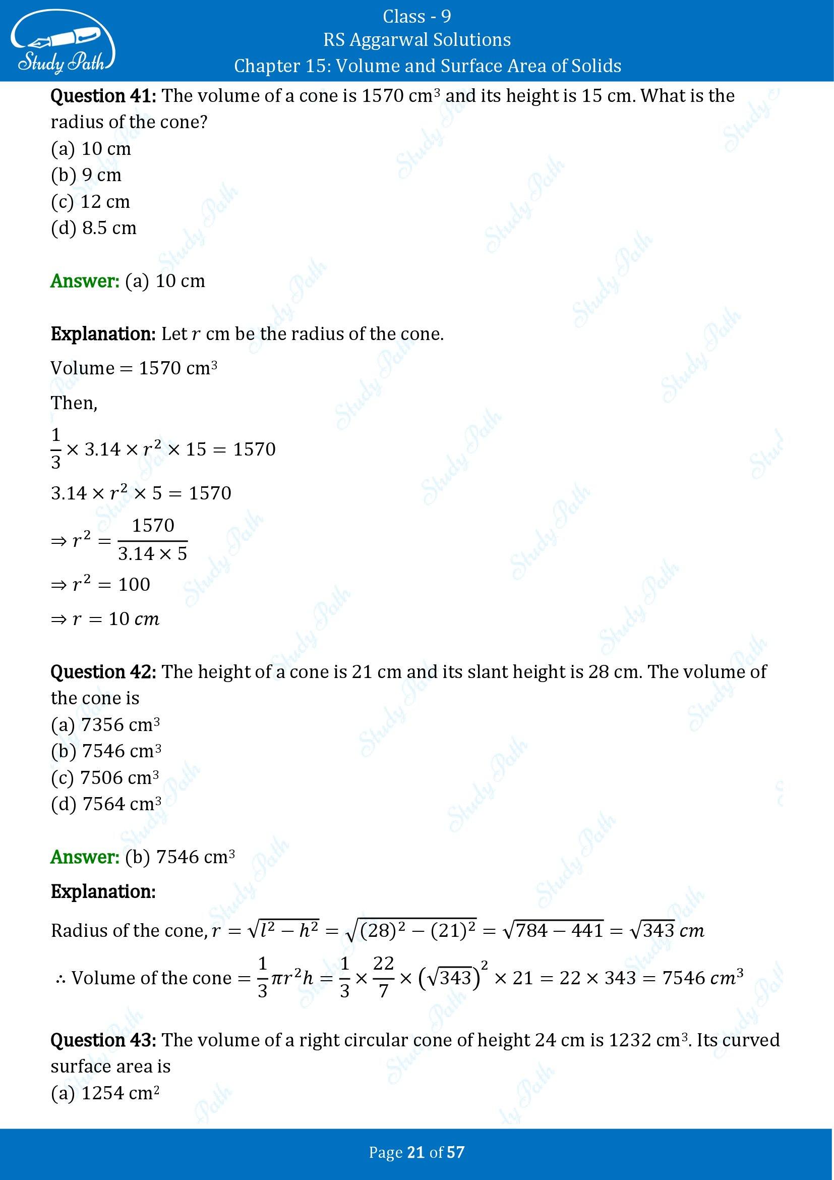 RS Aggarwal Solutions Class 9 Chapter 15 Volume and Surface Area of Solids Multiple Choice Questions MCQs 00021