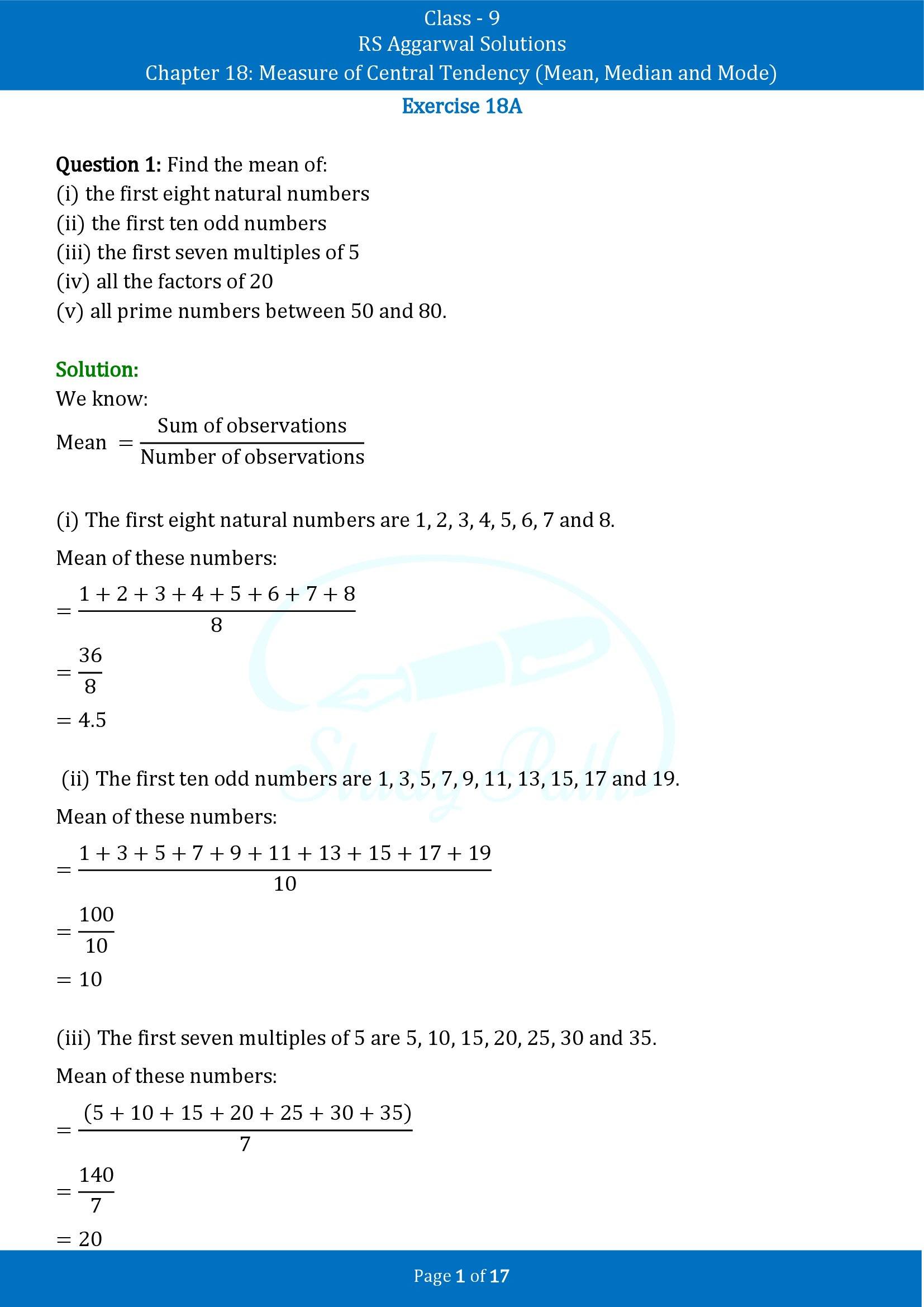 RS Aggarwal Solutions Class 9 Chapter 18 Measure of Central Tendency Mean Median and Mode Exercise 18A 00001