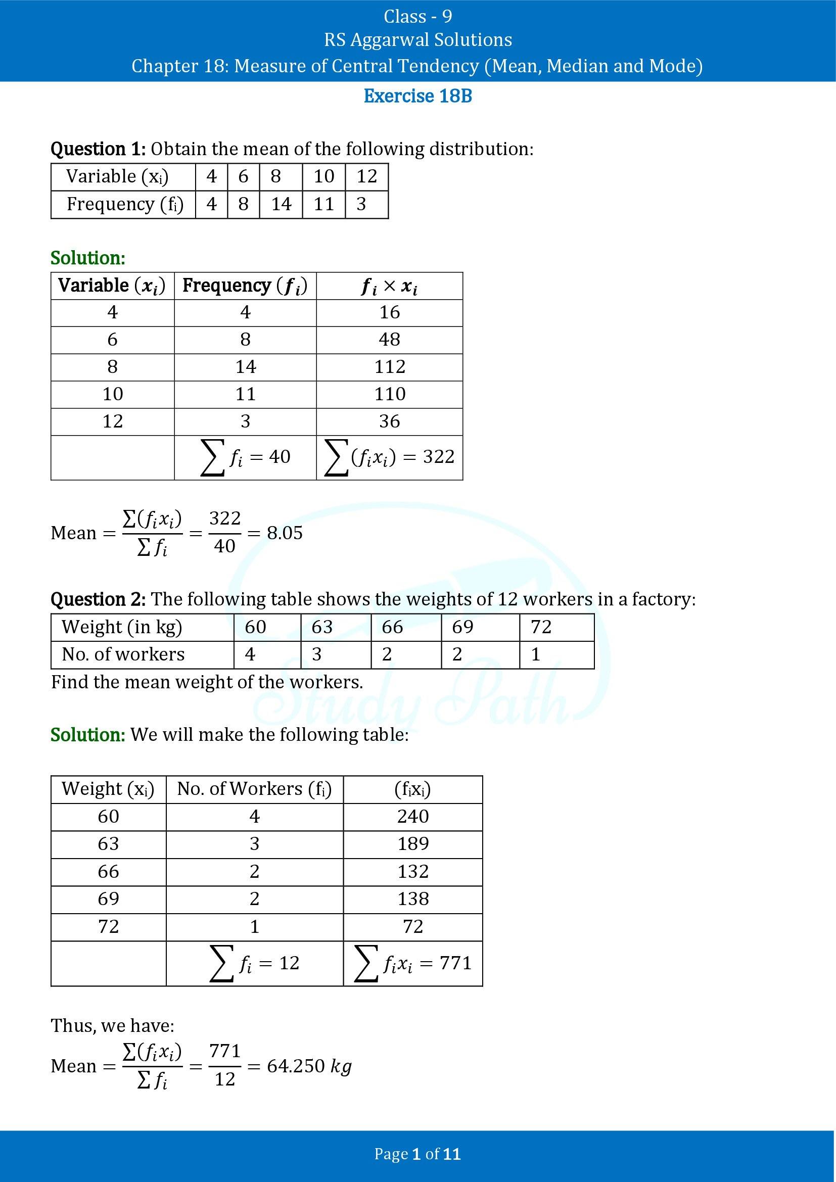RS Aggarwal Solutions Class 9 Chapter 18 Measure of Central Tendency Mean Median and Mode Exercise 18B 00001