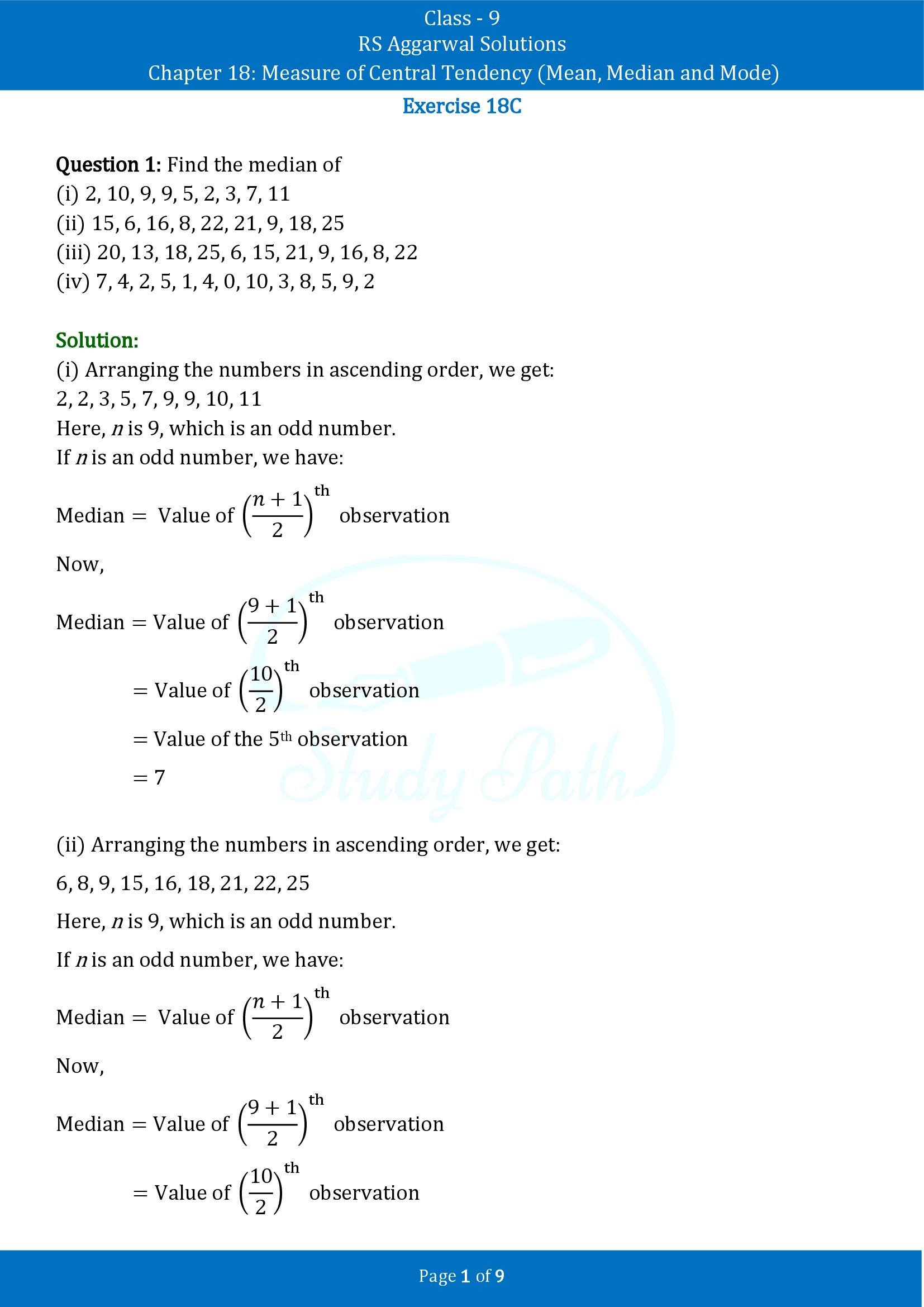 RS Aggarwal Solutions Class 9 Chapter 18 Measure of Central Tendency Mean Median and Mode Exercise 18C 00001