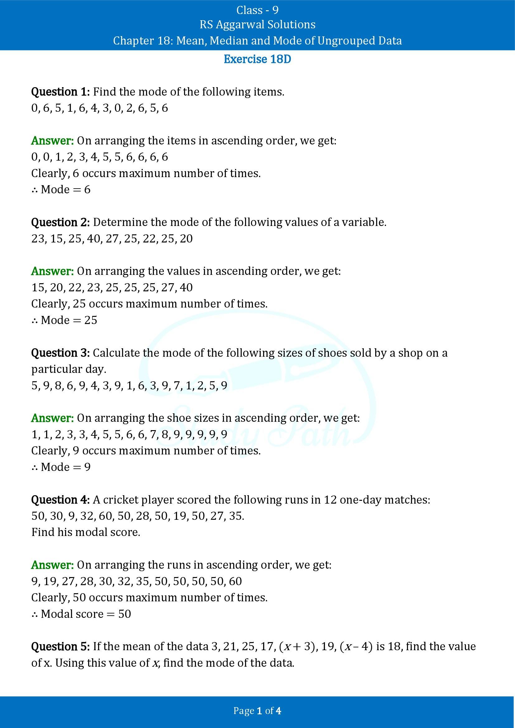 RS Aggarwal Solutions Class 9 Chapter 18 Measure of Central Tendency Mean Median and Mode Exercise 18D 00001