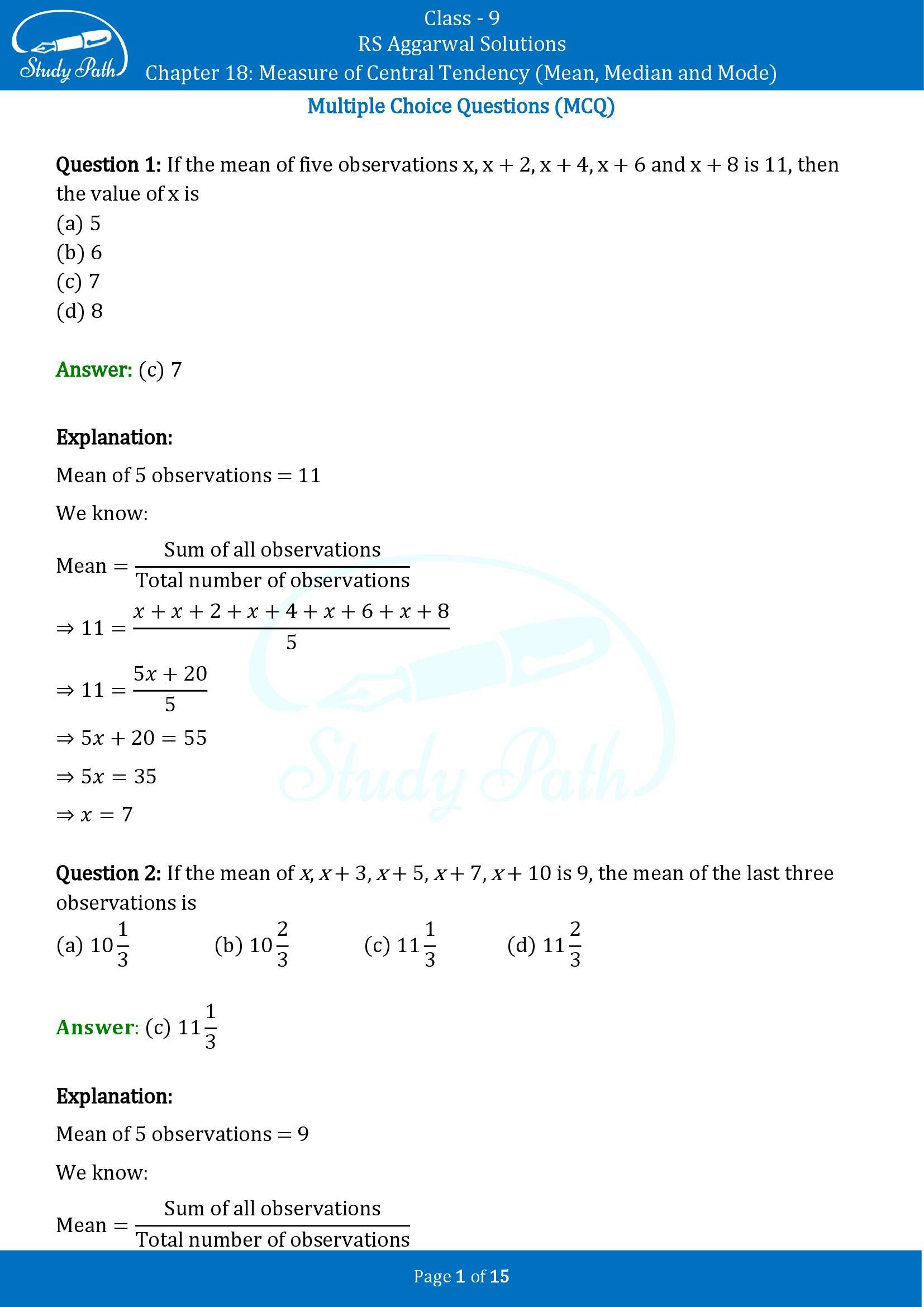 RS Aggarwal Solutions Class 9 Chapter 18 Measure of Central Tendency Mean Median and Mode Multiple Choice Questions MCQs 00001