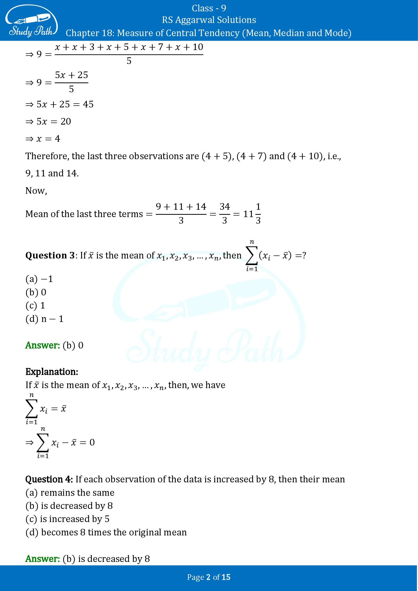 RS Aggarwal Solutions Class 9 Chapter 18 Measure of Central Tendency Mean Median and Mode Multiple Choice Questions MCQs 00002