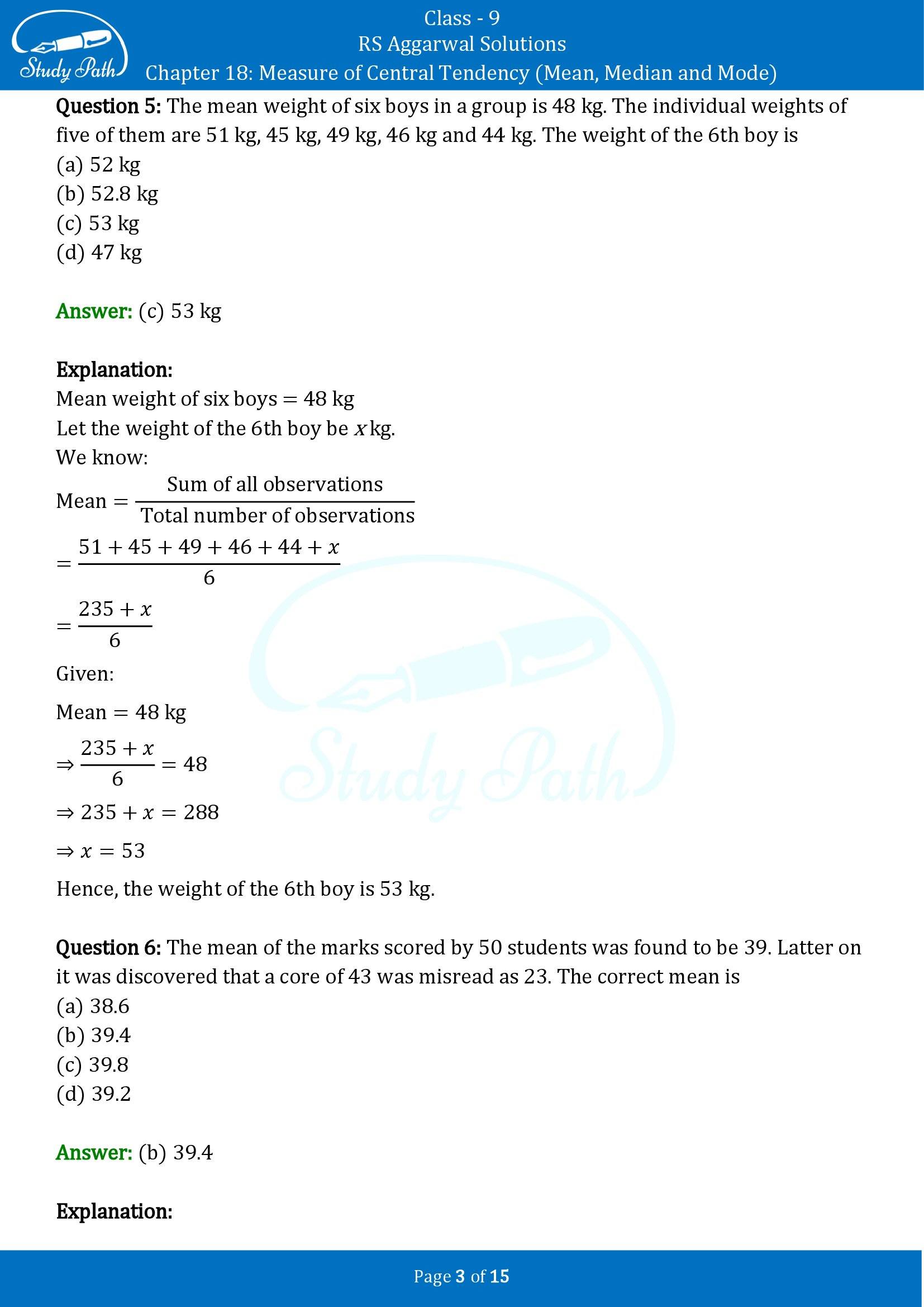 RS Aggarwal Solutions Class 9 Chapter 18 Measure of Central Tendency Mean Median and Mode Multiple Choice Questions MCQs 00003