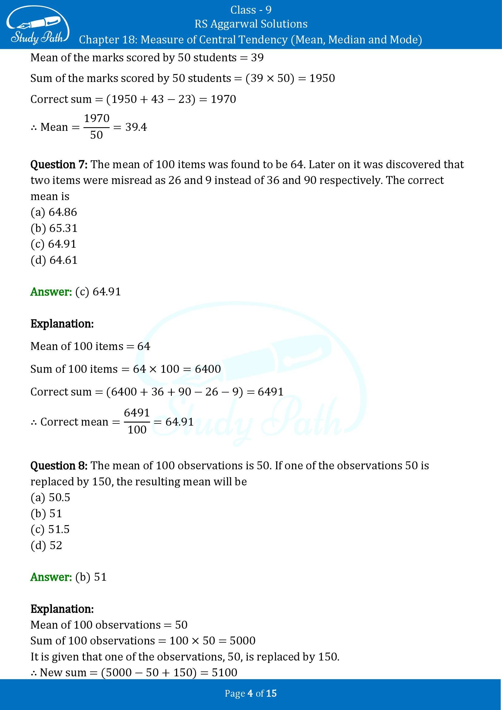 RS Aggarwal Solutions Class 9 Chapter 18 Measure of Central Tendency Mean Median and Mode Multiple Choice Questions MCQs 00004