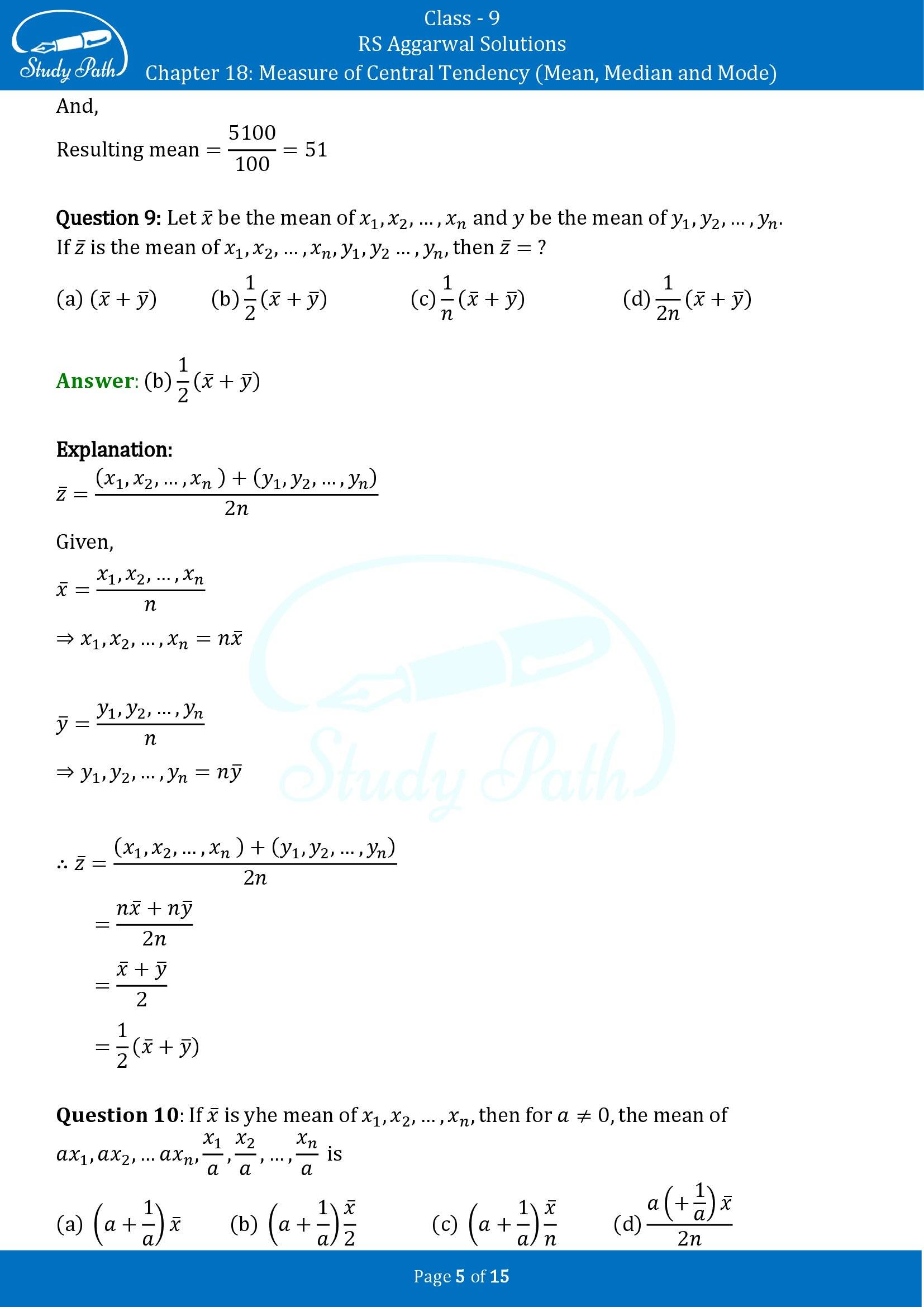 RS Aggarwal Solutions Class 9 Chapter 18 Measure of Central Tendency Mean Median and Mode Multiple Choice Questions MCQs 00005