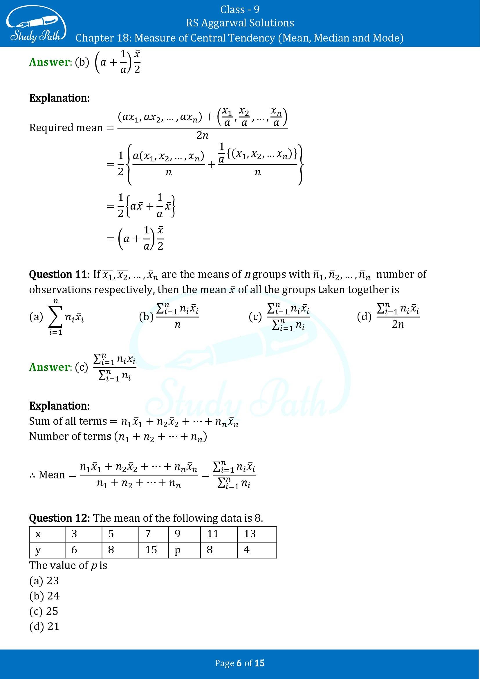 RS Aggarwal Solutions Class 9 Chapter 18 Measure of Central Tendency Mean Median and Mode Multiple Choice Questions MCQs 00006
