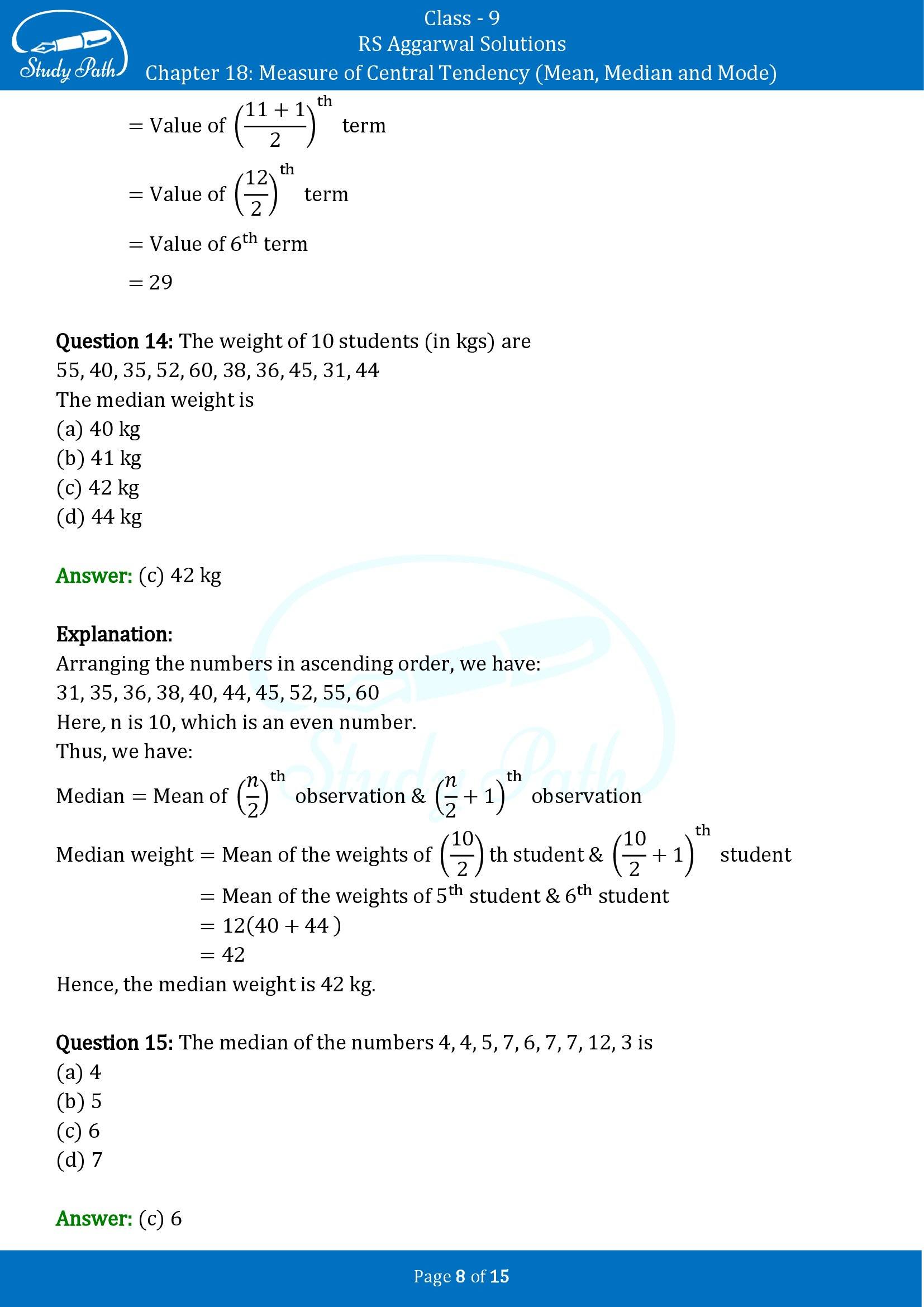 RS Aggarwal Solutions Class 9 Chapter 18 Measure of Central Tendency Mean Median and Mode Multiple Choice Questions MCQs 00008