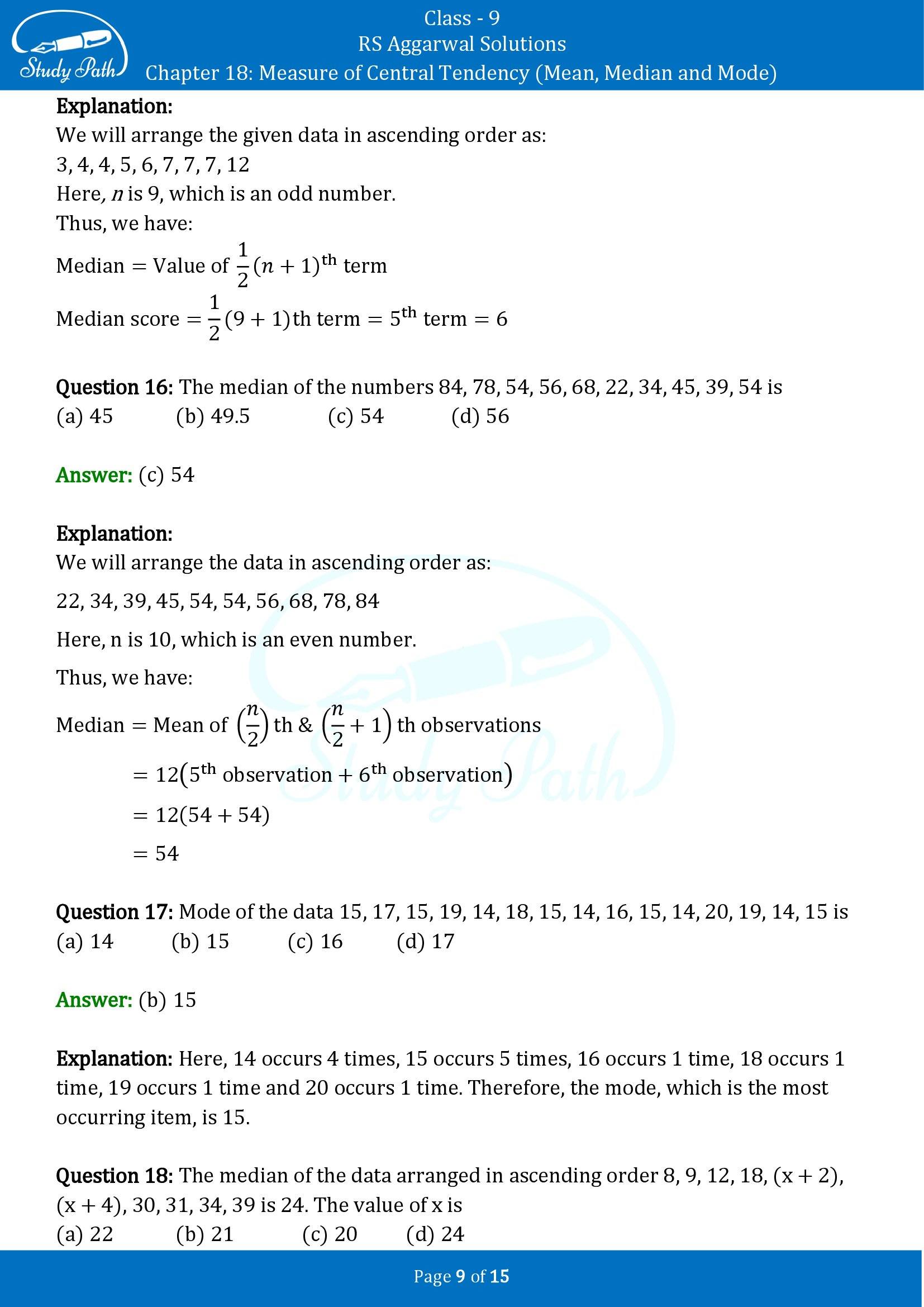 RS Aggarwal Solutions Class 9 Chapter 18 Measure of Central Tendency Mean Median and Mode Multiple Choice Questions MCQs 00009