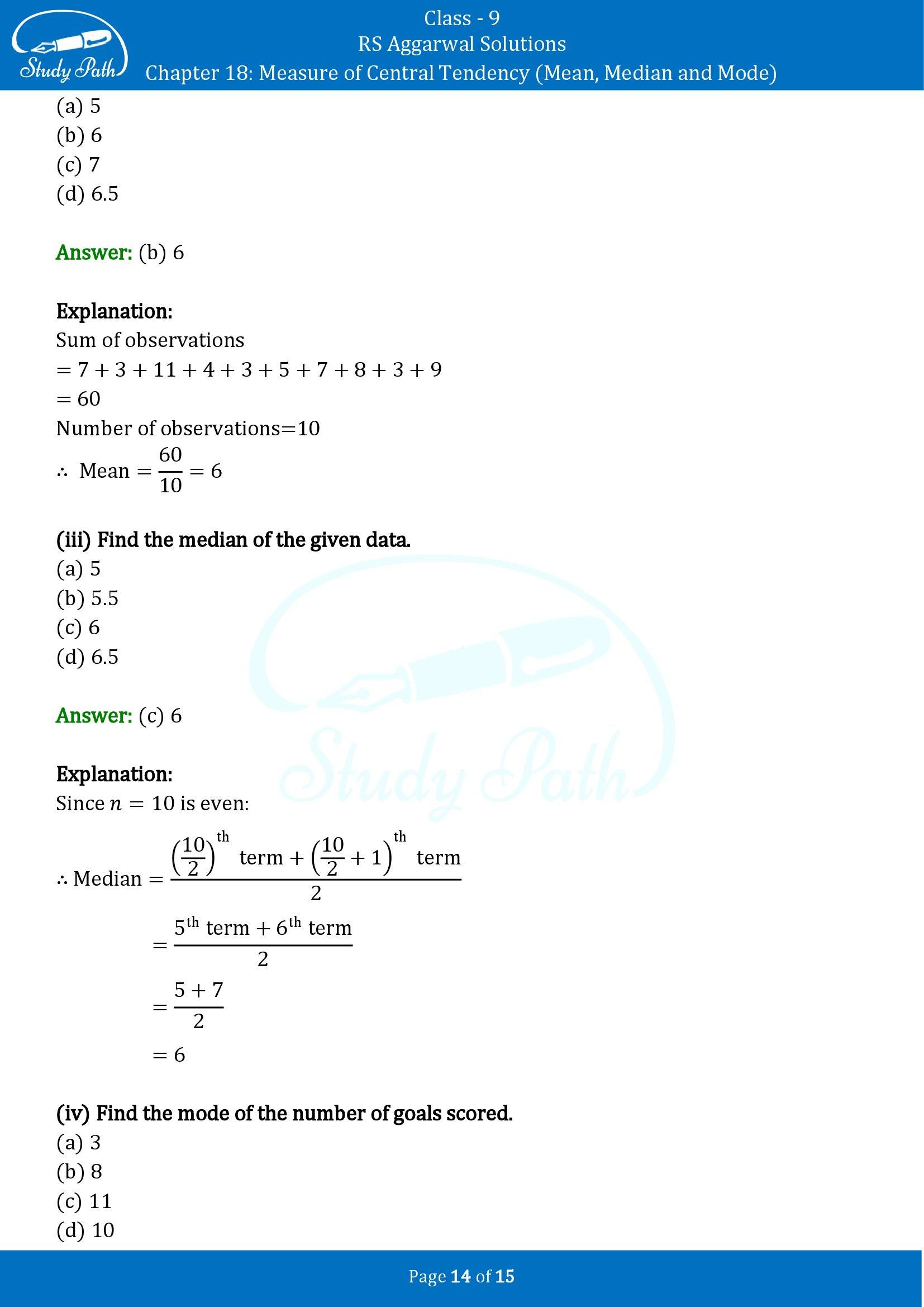 RS Aggarwal Solutions Class 9 Chapter 18 Measure of Central Tendency Mean Median and Mode Multiple Choice Questions MCQs 00014