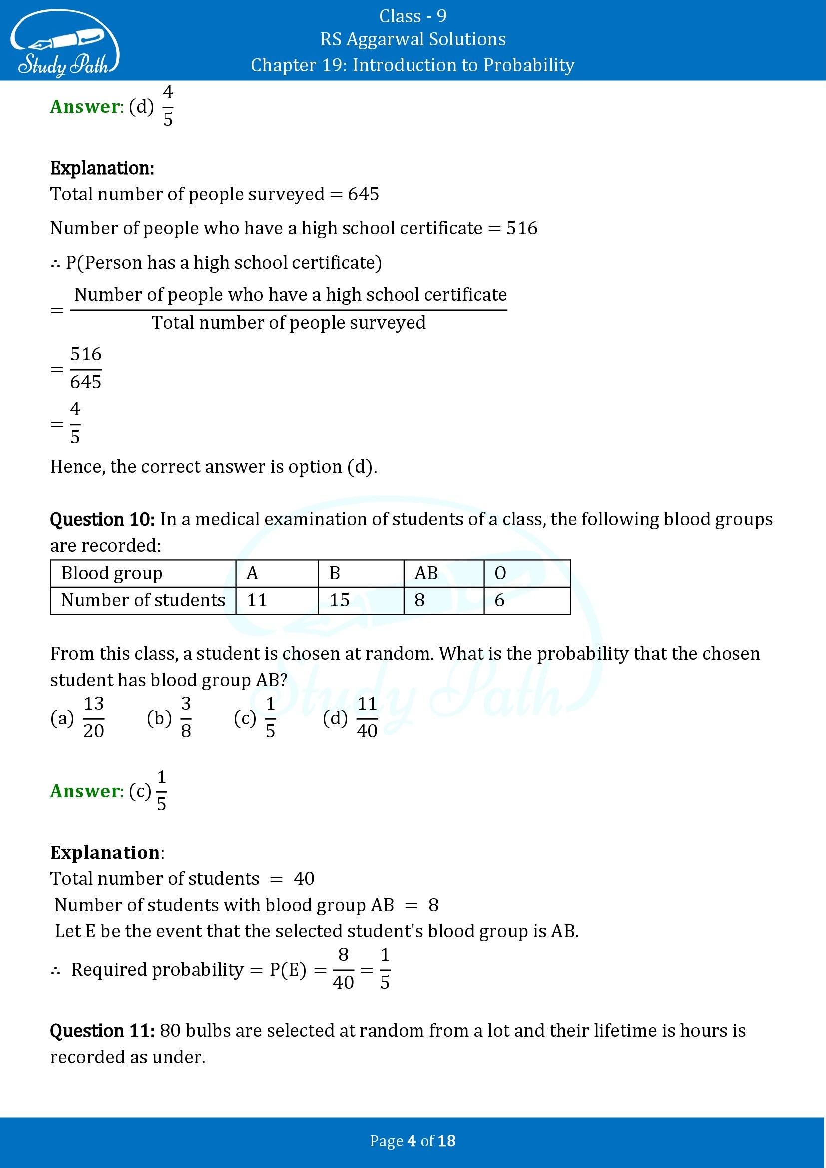 RS Aggarwal Solutions Class 9 Chapter 19 Introduction to Probability Multiple Choice Questions MCQs 00004