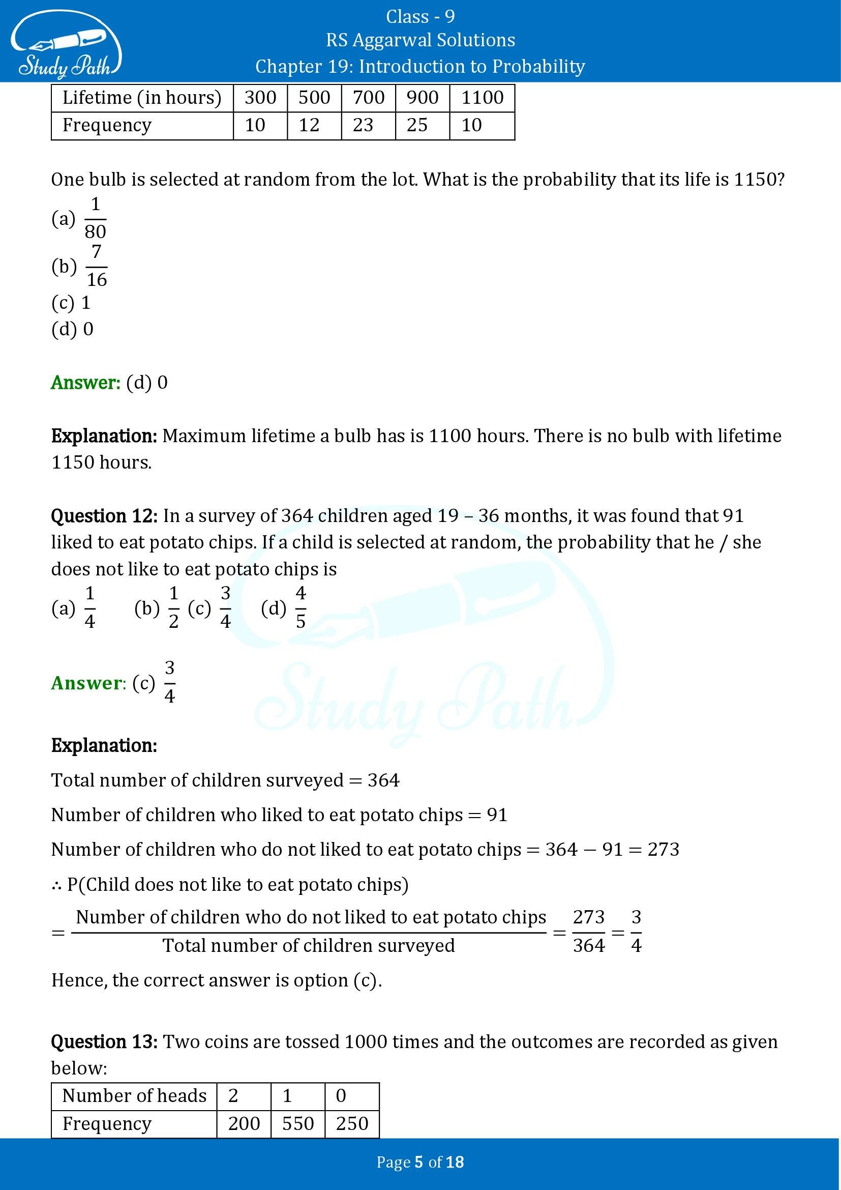 RS Aggarwal Solutions Class 9 Chapter 19 Introduction to Probability Multiple Choice Questions MCQs 00005