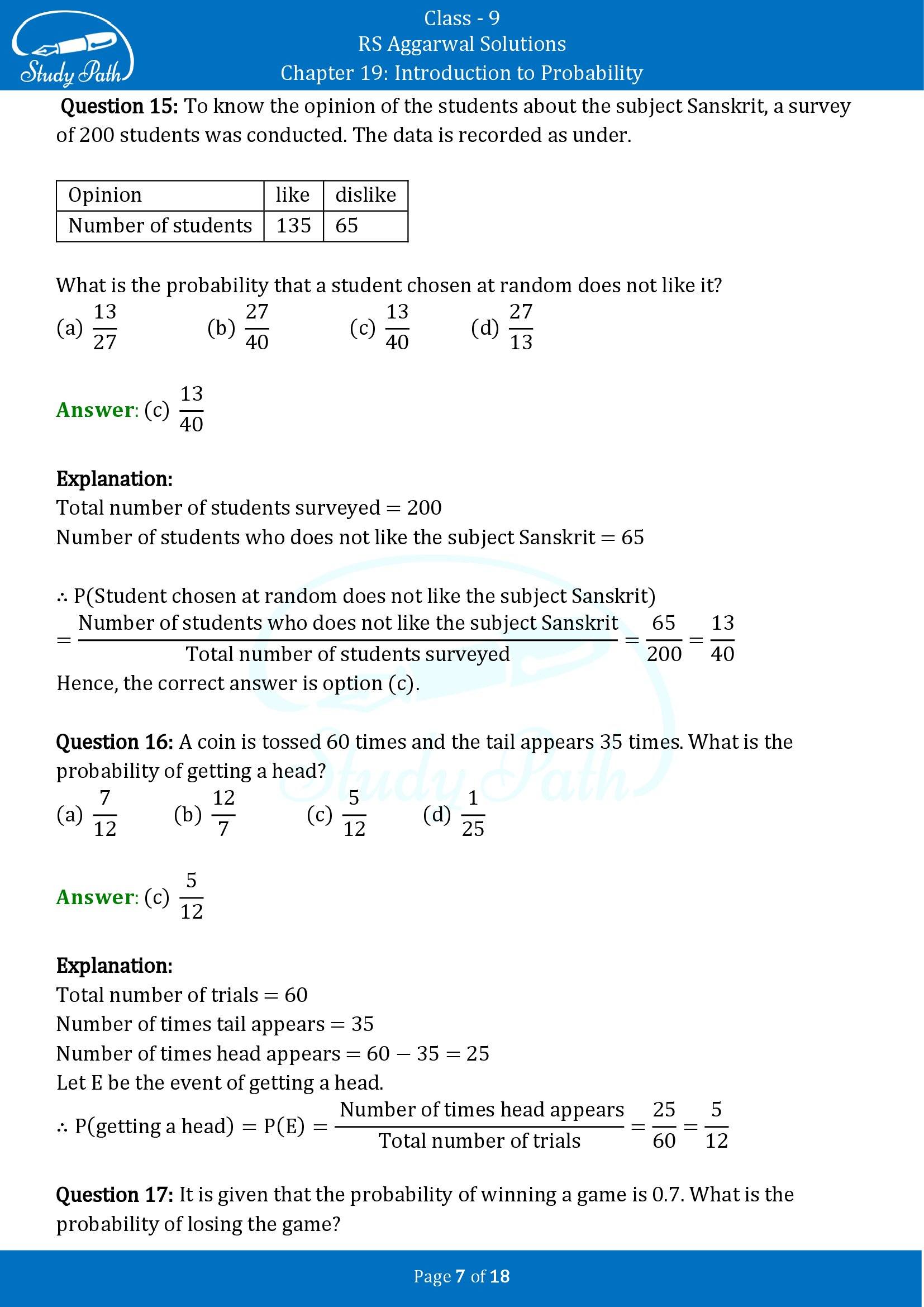 RS Aggarwal Solutions Class 9 Chapter 19 Introduction to Probability Multiple Choice Questions MCQs 00007