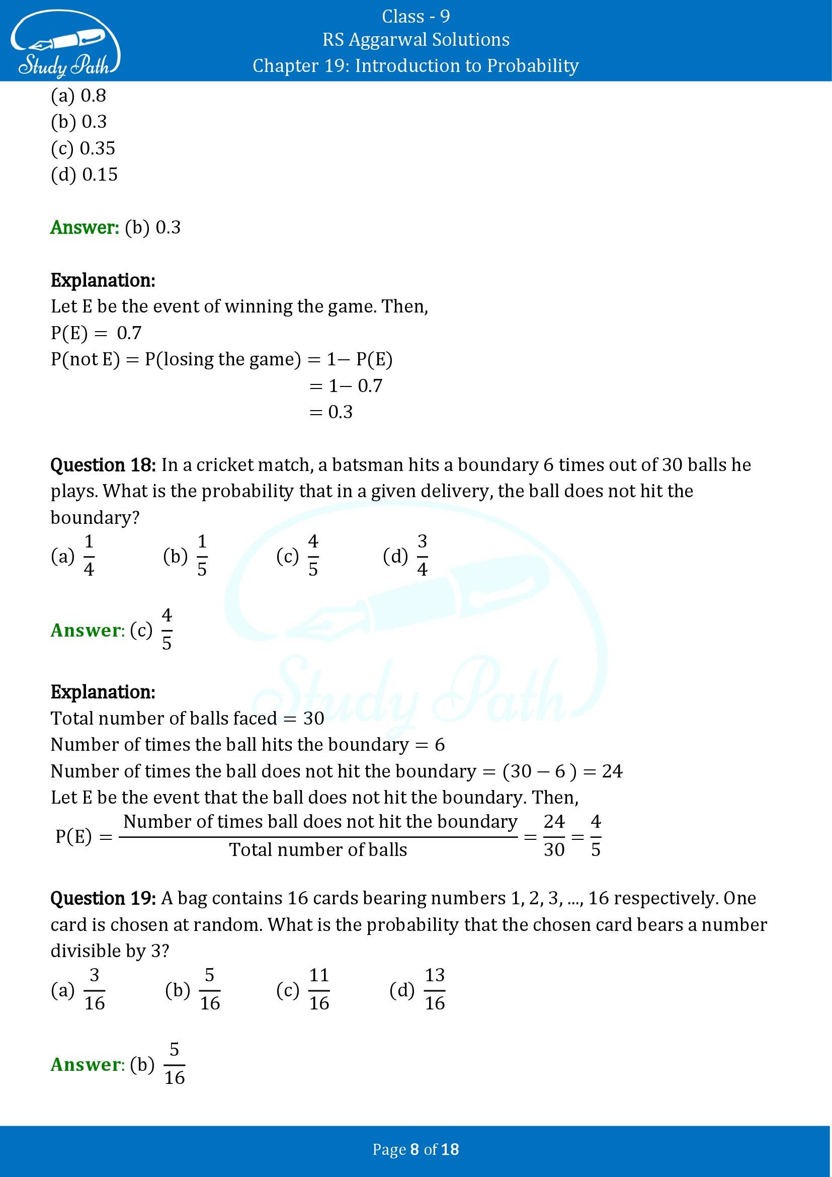 RS Aggarwal Solutions Class 9 Chapter 19 Introduction to Probability Multiple Choice Questions MCQs 00008