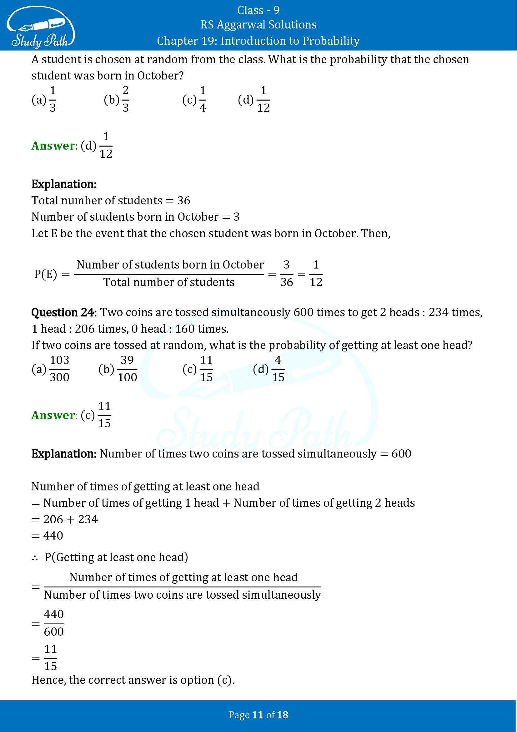 RS Aggarwal Solutions Class 9 Chapter 19 Introduction to Probability Multiple Choice Questions MCQs 00011
