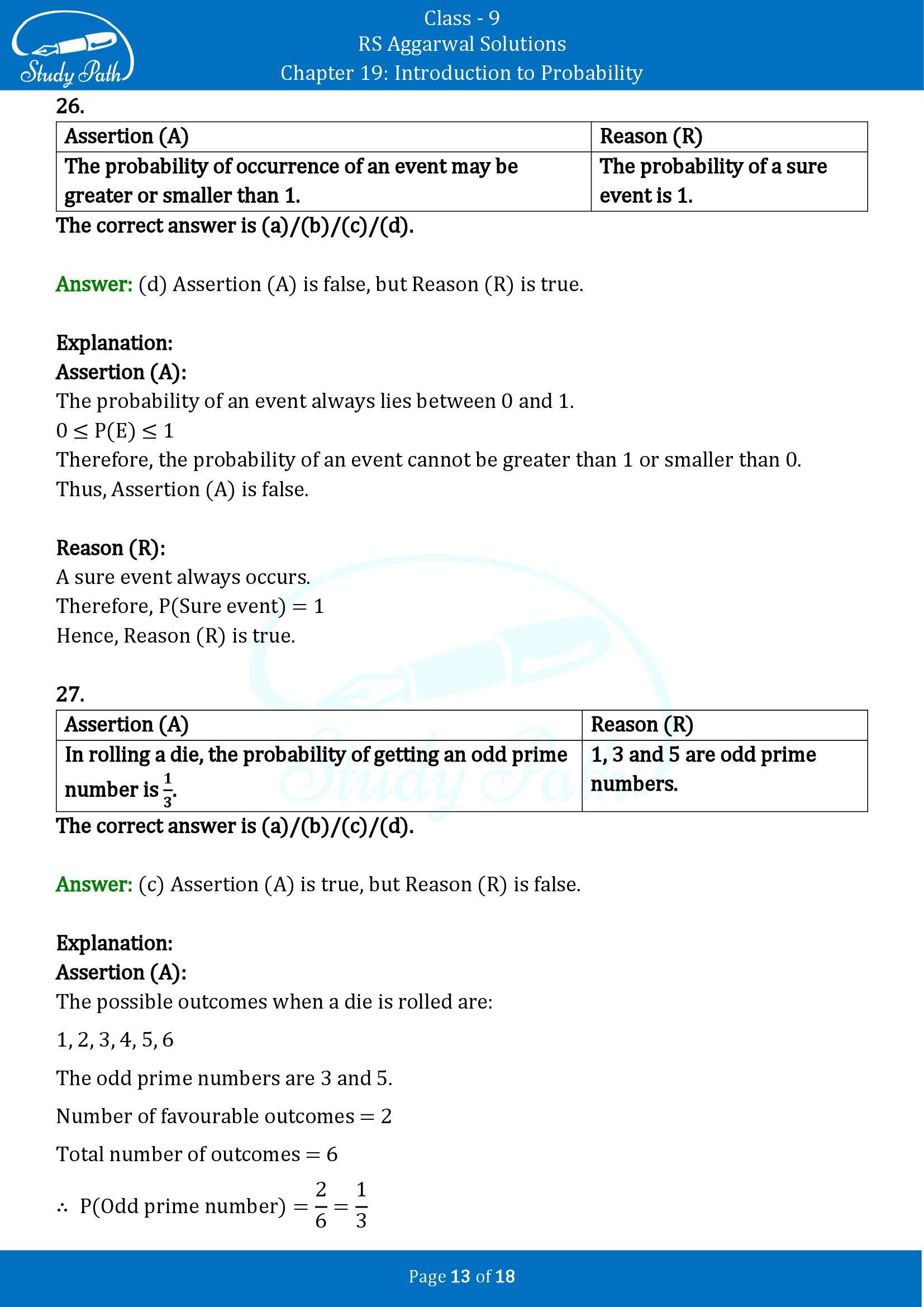 RS Aggarwal Solutions Class 9 Chapter 19 Introduction to Probability Multiple Choice Questions MCQs 00013