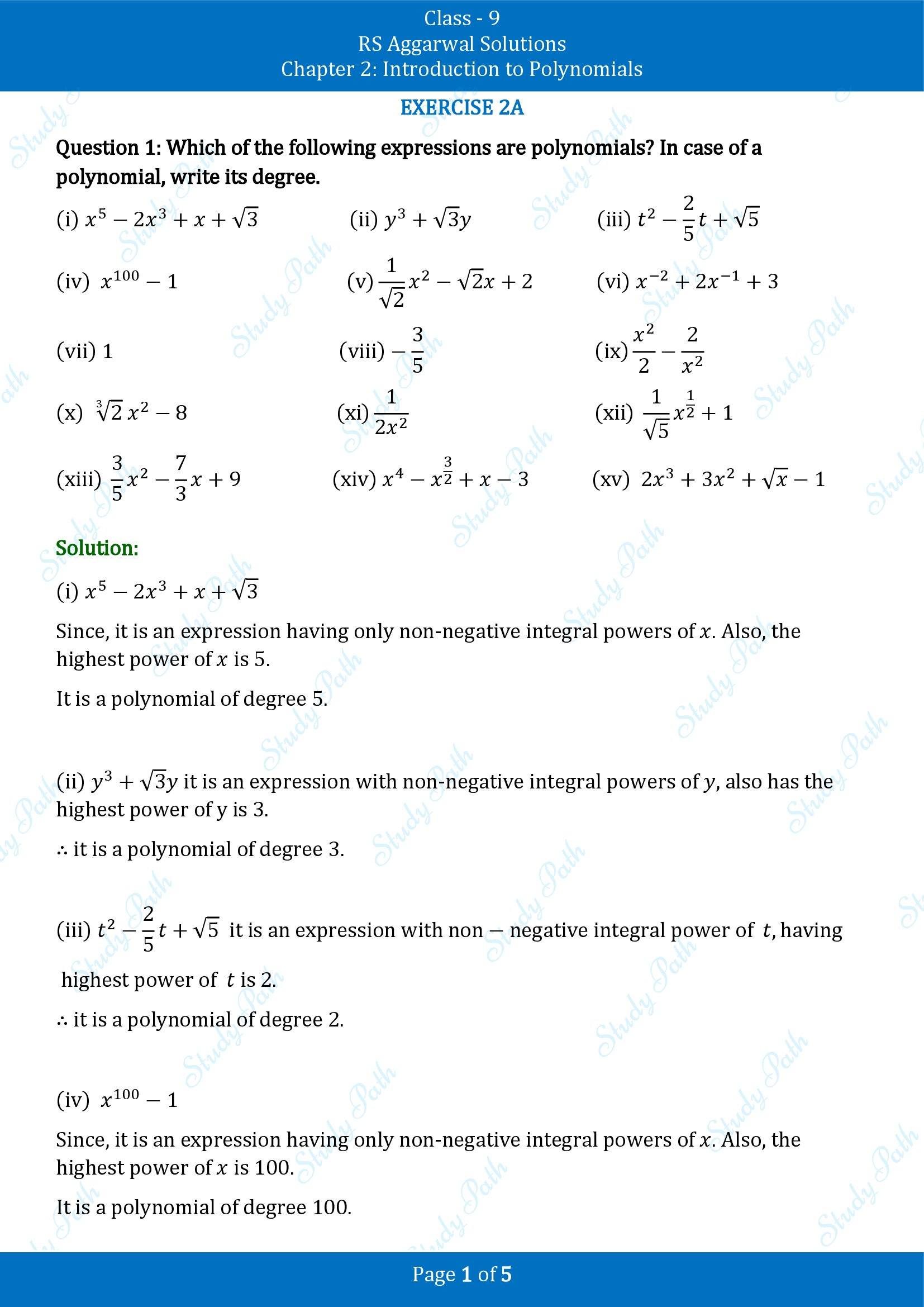 RS Aggarwal Solutions Class 9 Chapter 2 Introduction to Polynomials Exercise 2A 00001