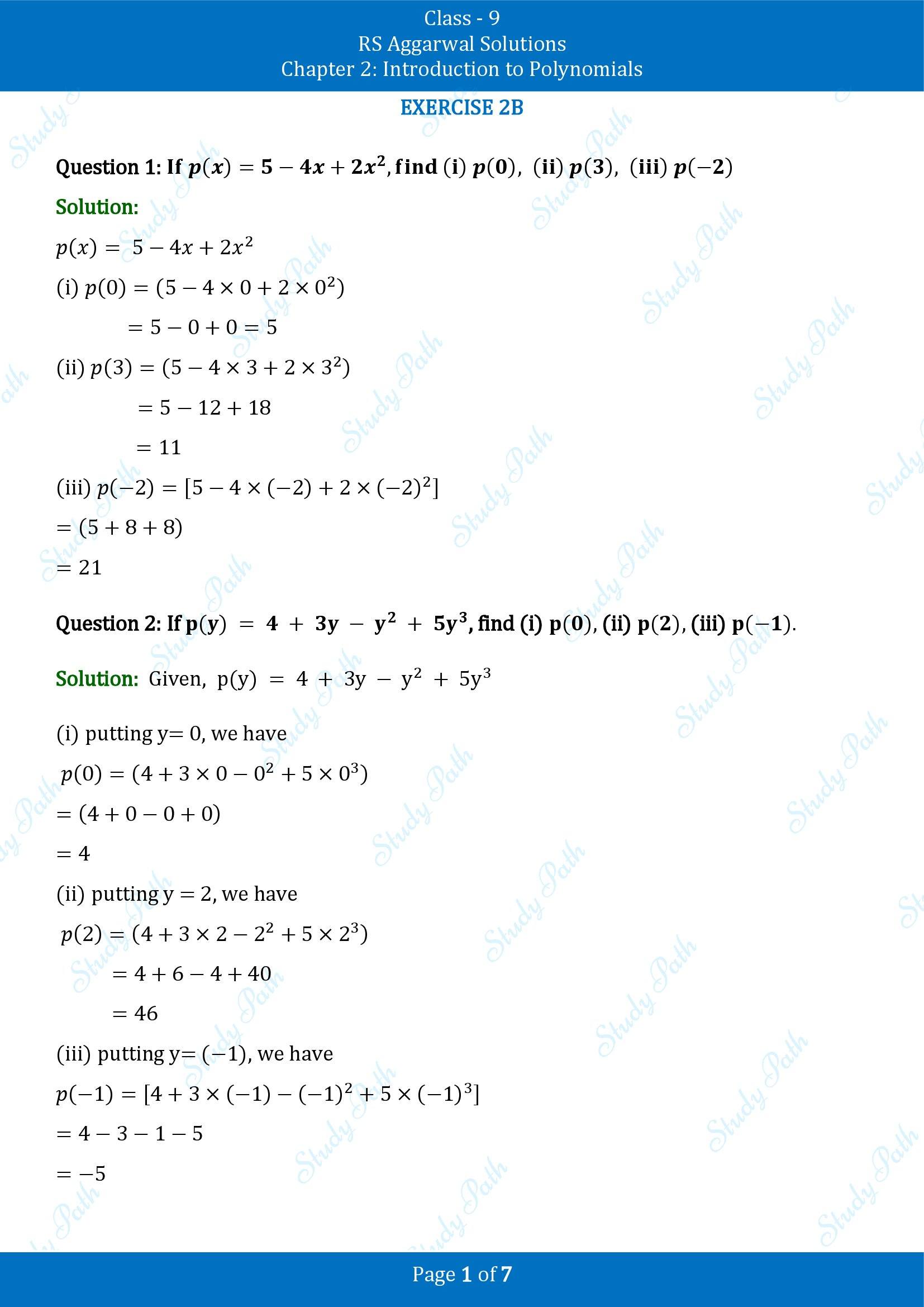 RS Aggarwal Solutions Class 9 Chapter 2 Introduction to Polynomials Exercise 2B 00001