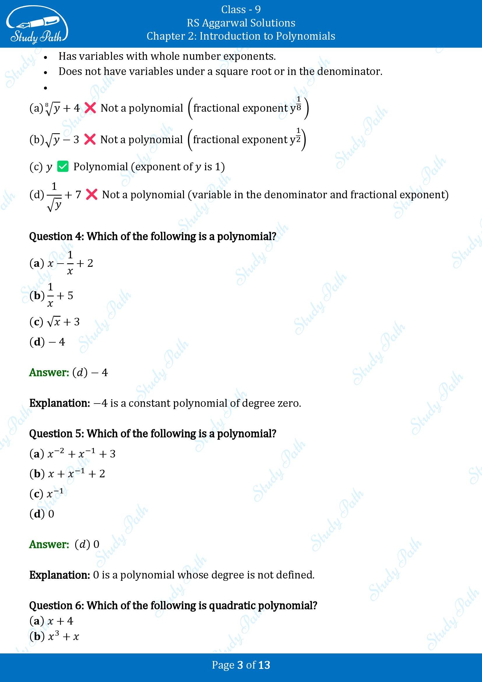 RS Aggarwal Solutions Class 9 Chapter 2 Introduction to Polynomials Multiple Choice Question MCQs 00003