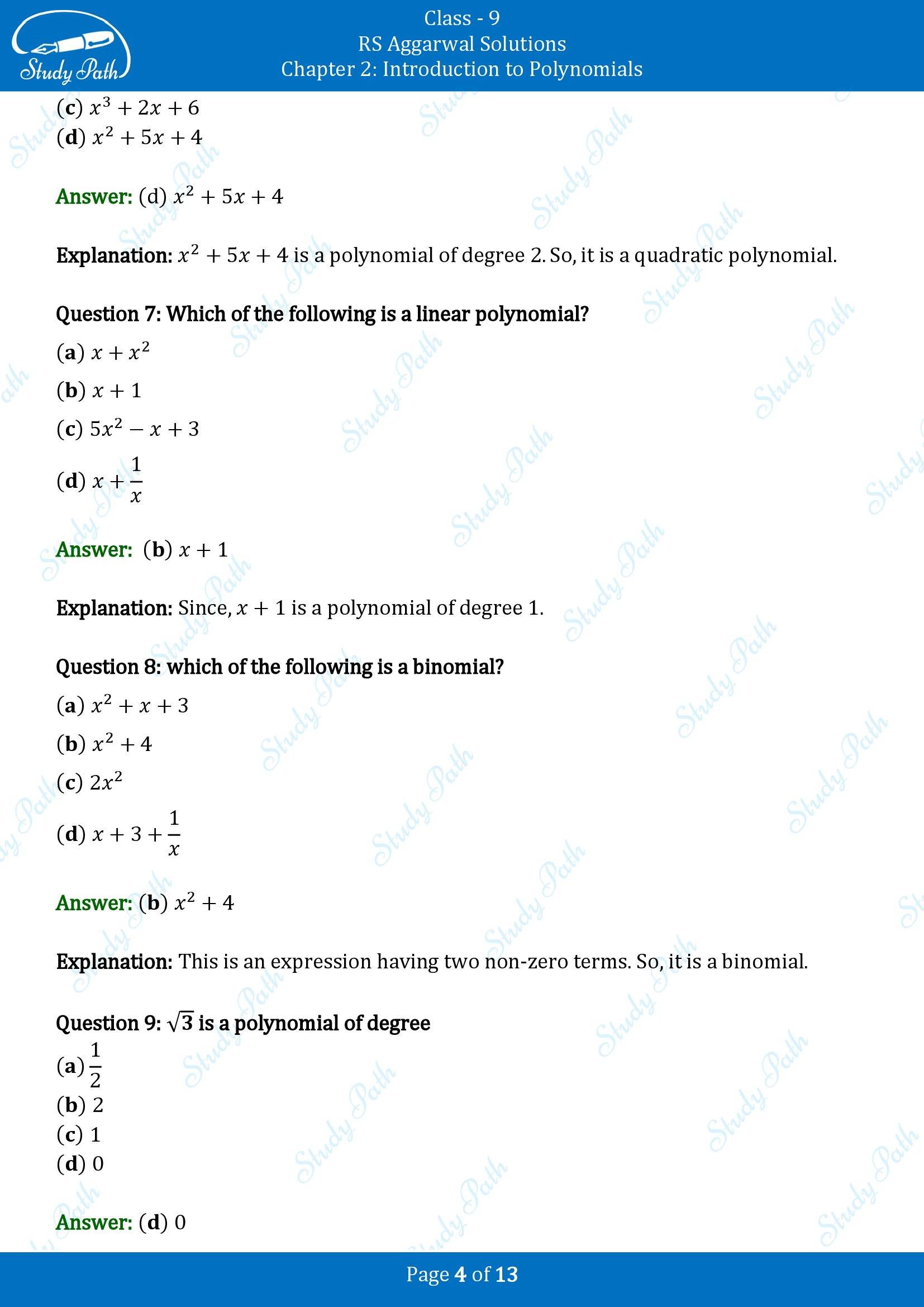 RS Aggarwal Solutions Class 9 Chapter 2 Introduction to Polynomials Multiple Choice Question MCQs 00004