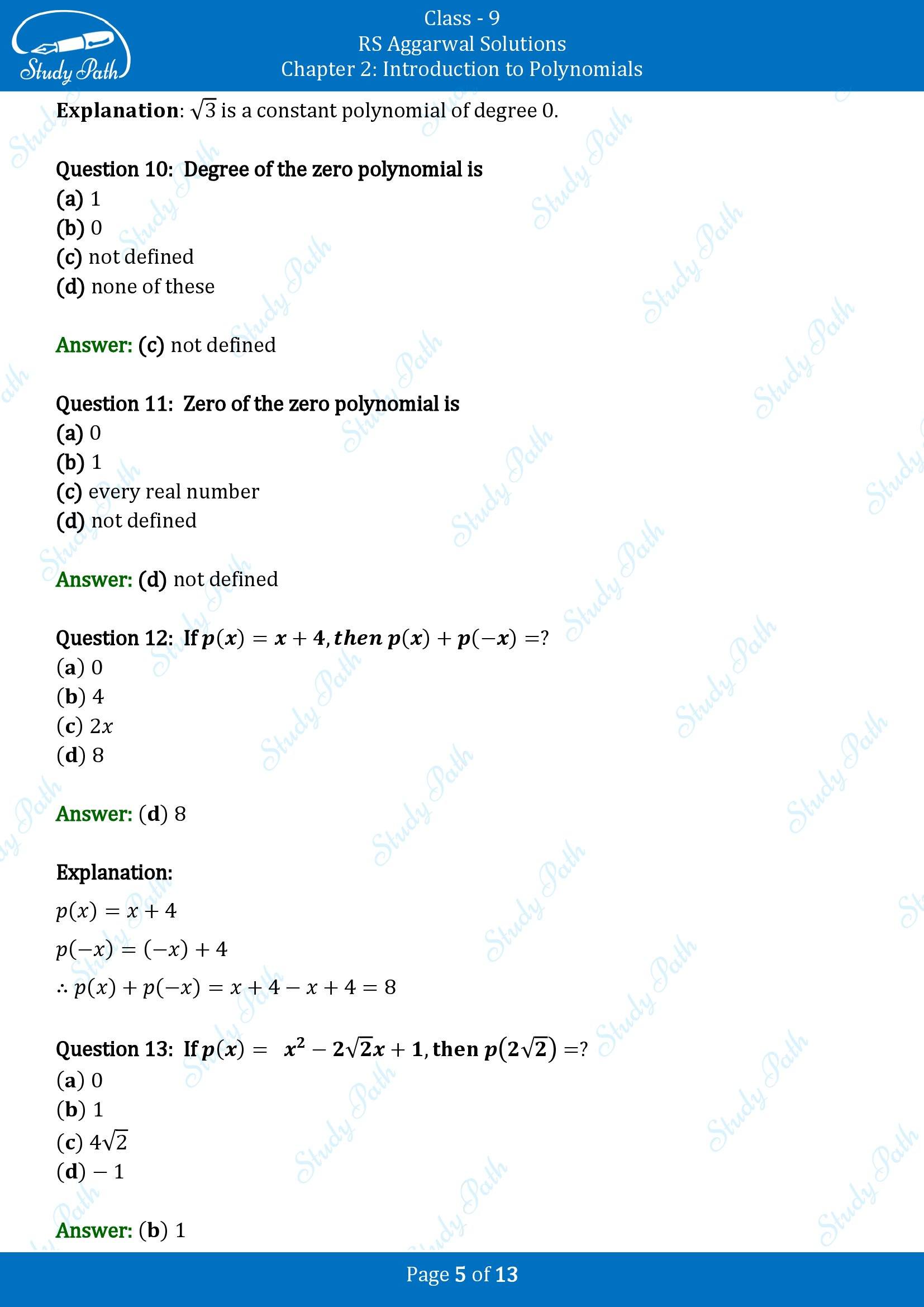 RS Aggarwal Solutions Class 9 Chapter 2 Introduction to Polynomials Multiple Choice Question MCQs 00005