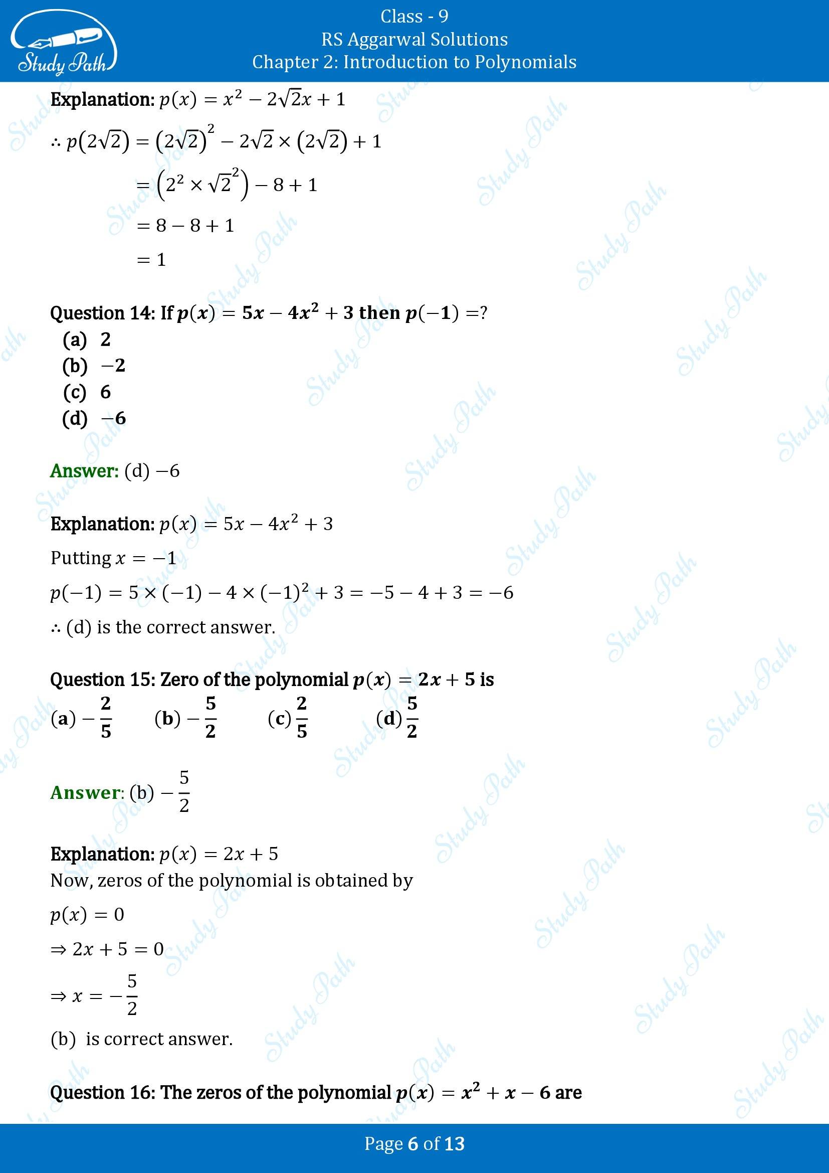 RS Aggarwal Solutions Class 9 Chapter 2 Introduction to Polynomials Multiple Choice Question MCQs 00006