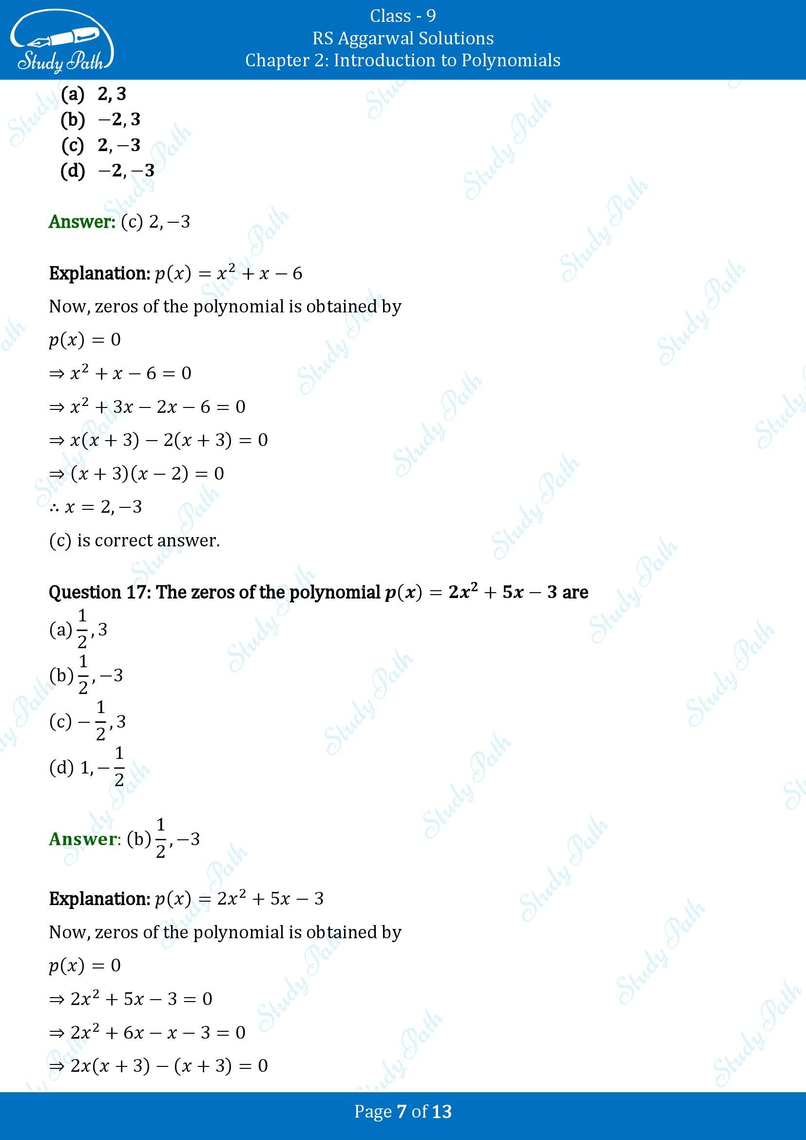 RS Aggarwal Solutions Class 9 Chapter 2 Introduction to Polynomials Multiple Choice Question MCQs 00007