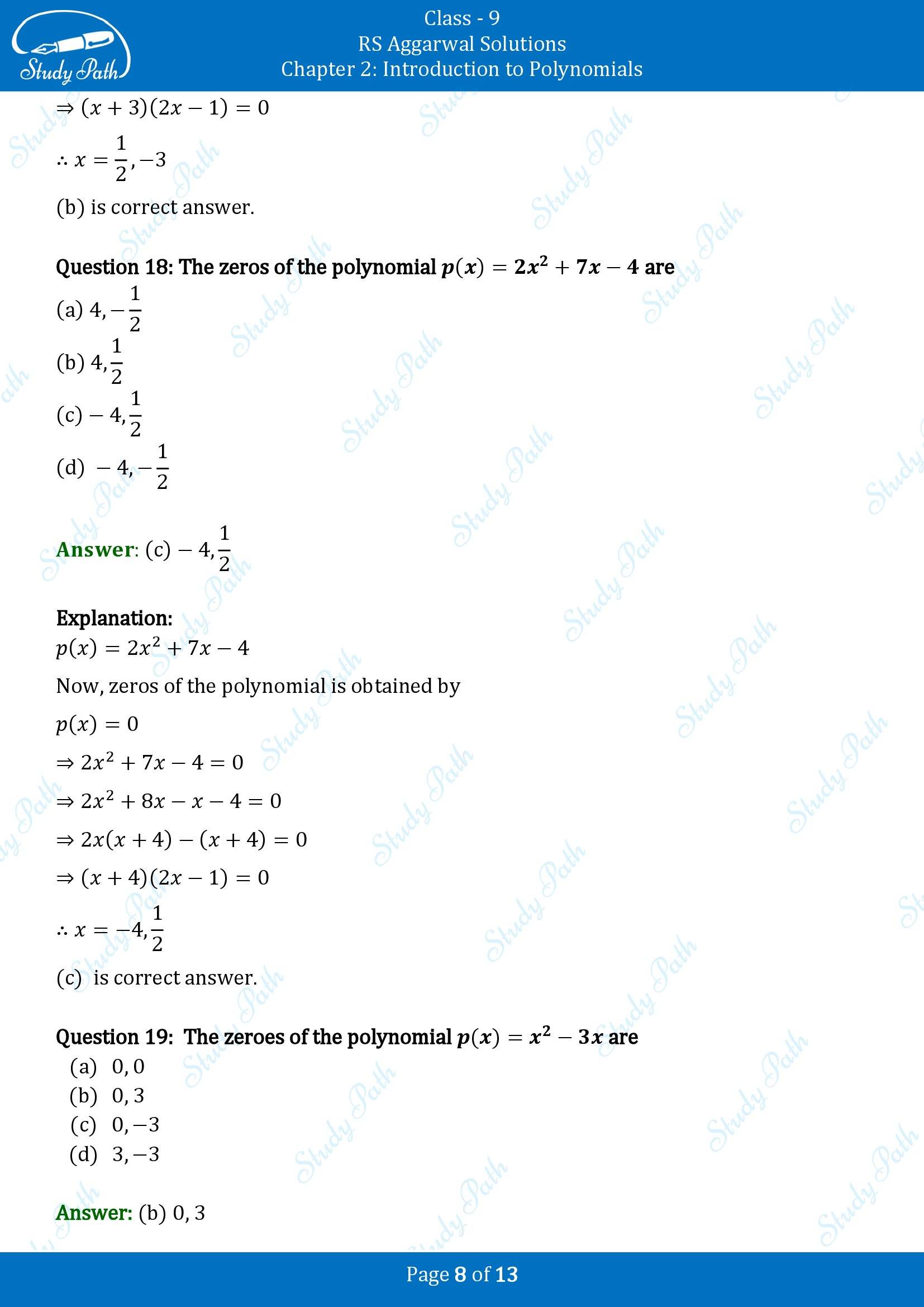RS Aggarwal Solutions Class 9 Chapter 2 Introduction to Polynomials Multiple Choice Question MCQs 00008