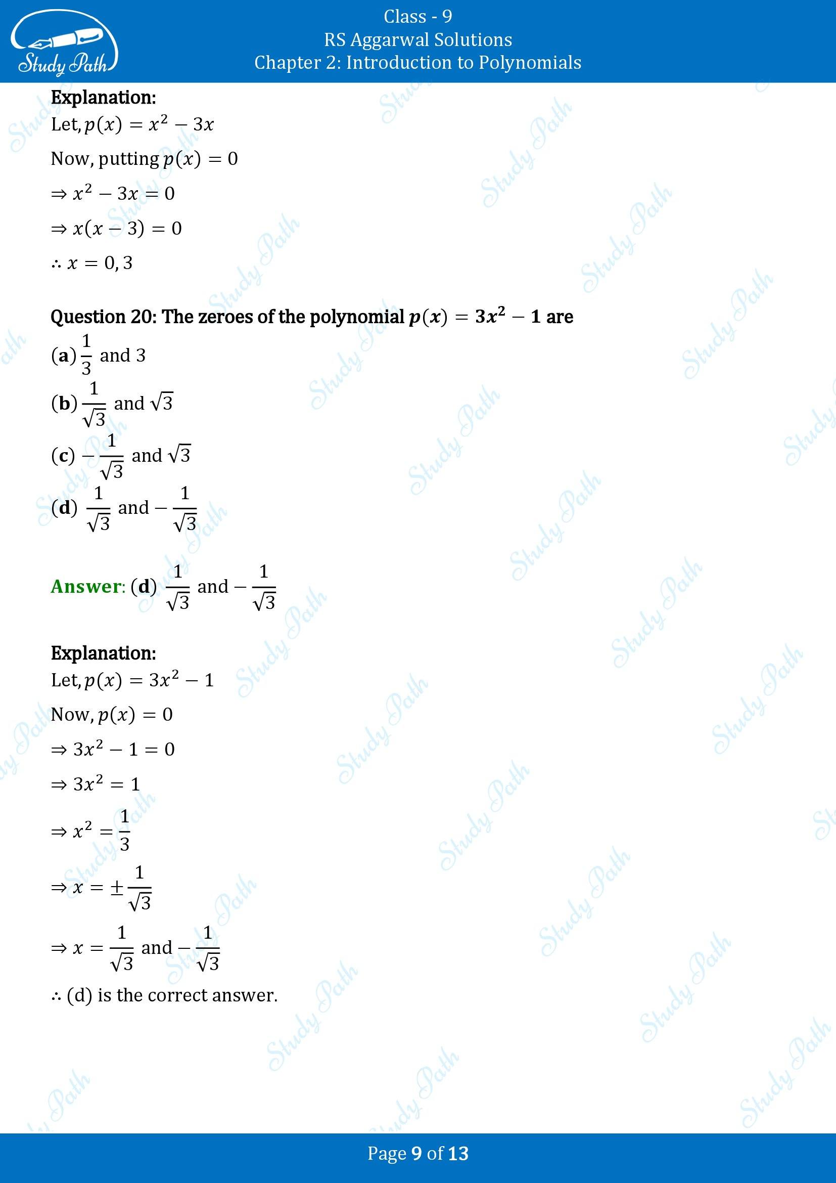 RS Aggarwal Solutions Class 9 Chapter 2 Introduction to Polynomials Multiple Choice Question MCQs 00009