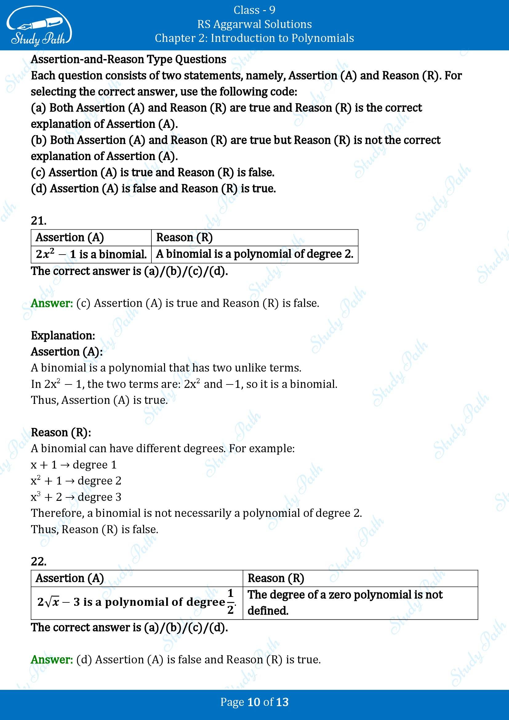 RS Aggarwal Solutions Class 9 Chapter 2 Introduction to Polynomials Multiple Choice Question MCQs 00010