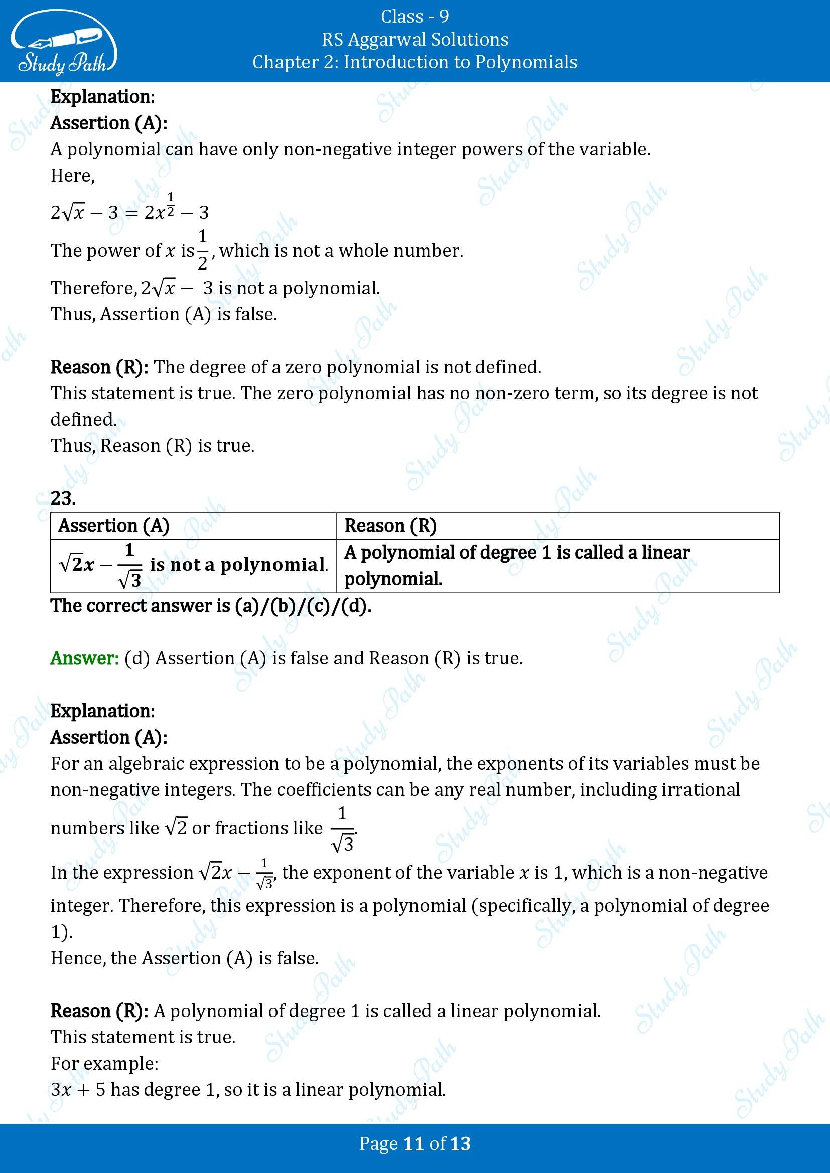 RS Aggarwal Solutions Class 9 Chapter 2 Introduction to Polynomials Multiple Choice Question MCQs 00011