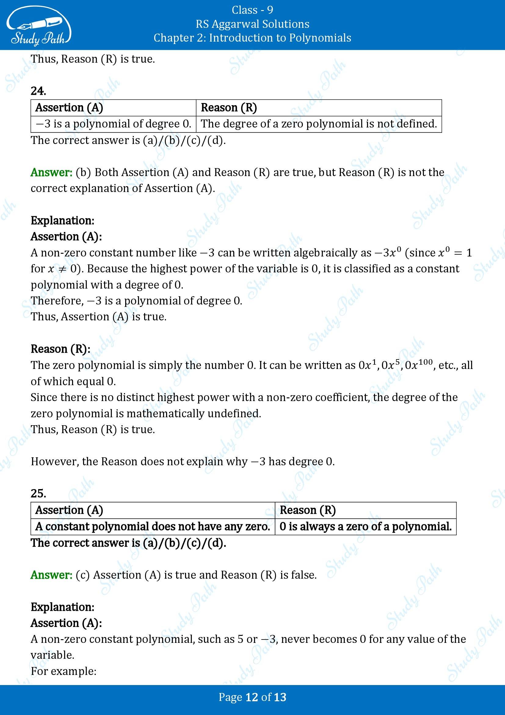 RS Aggarwal Solutions Class 9 Chapter 2 Introduction to Polynomials Multiple Choice Question MCQs 00012