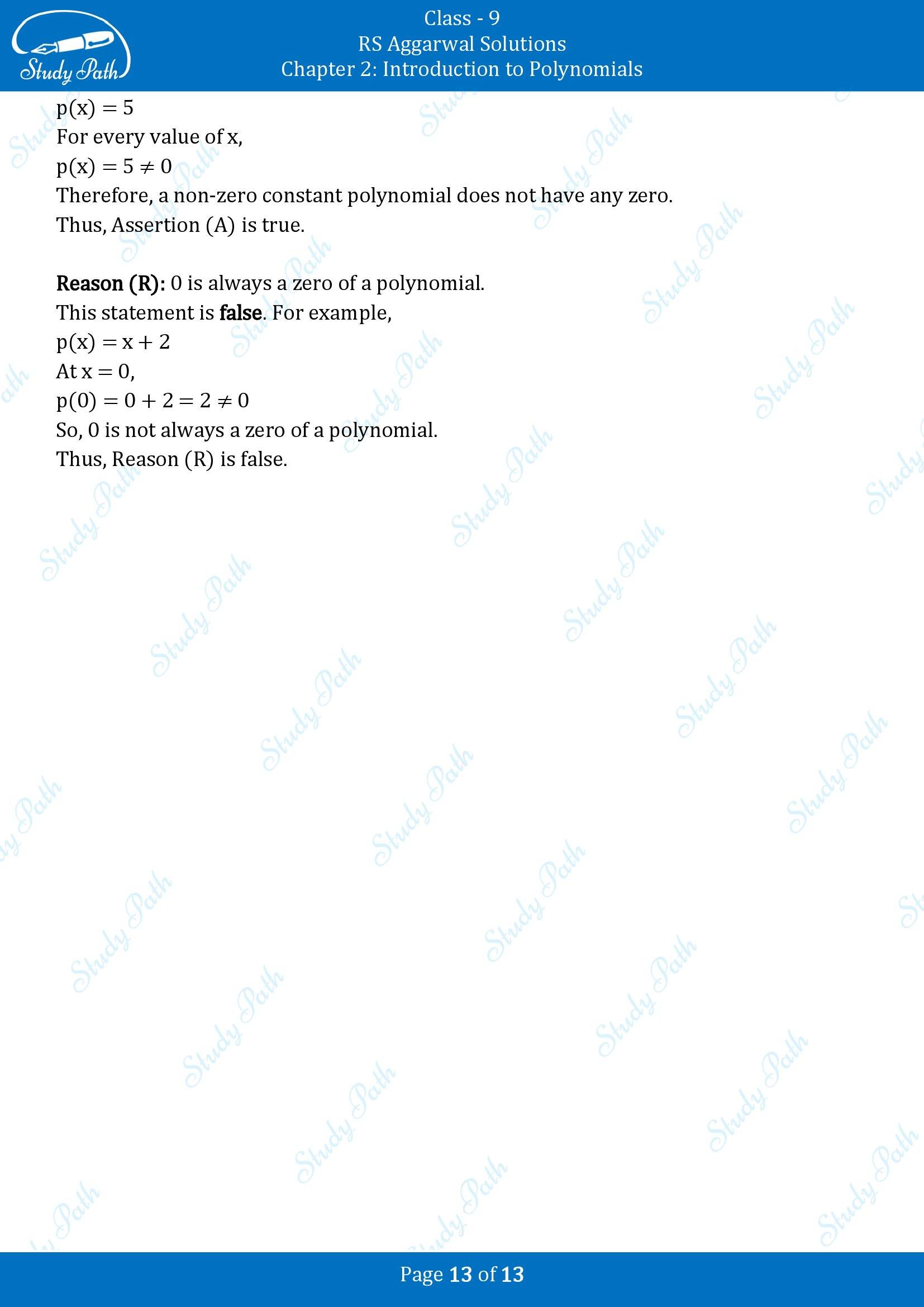 RS Aggarwal Solutions Class 9 Chapter 2 Introduction to Polynomials Multiple Choice Question MCQs 00013